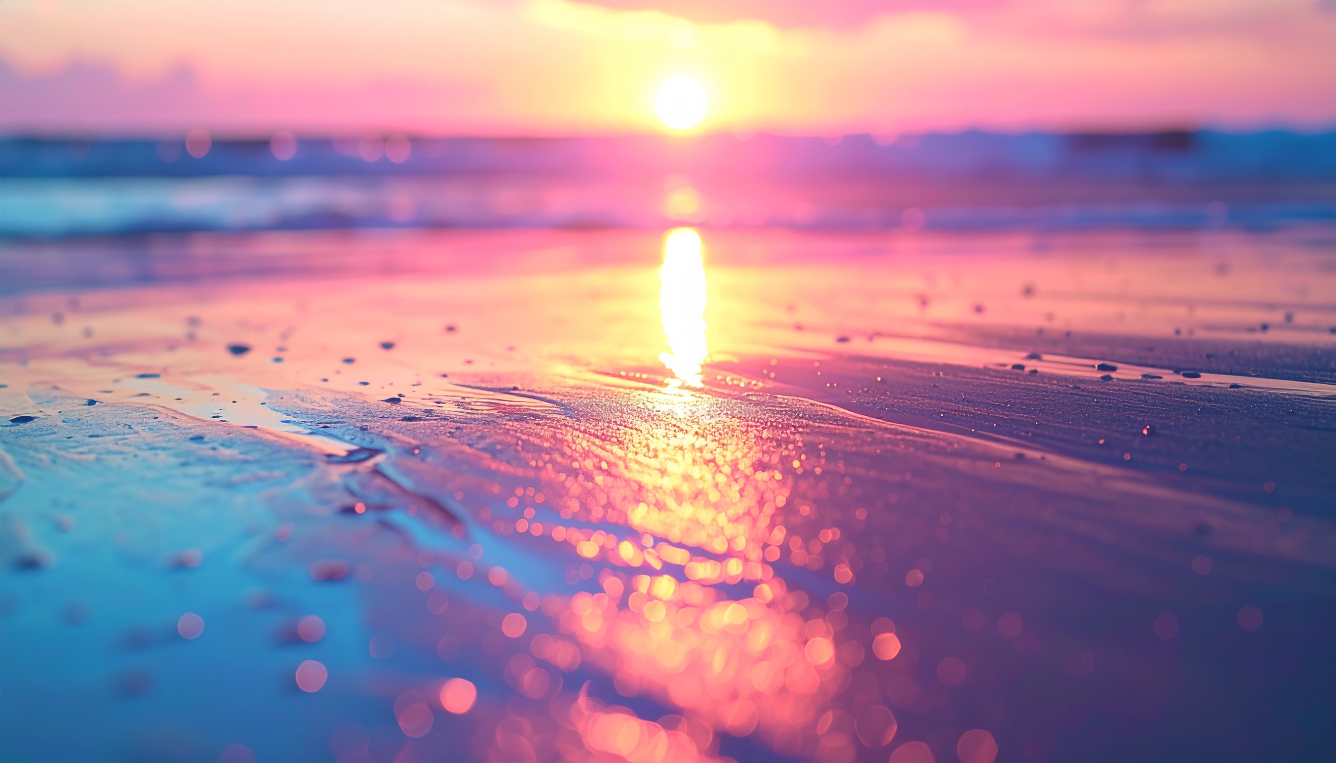 A imagem retrata um pôr do sol sobre uma praia, com reflexos dourados na areia úmida. A iluminação suave e as cores vibrantes, como rosa e laranja, criam uma atmosfera tranquila e sonhadora. A composição foca na linha do horizonte e no reflexo da luz, oferecendo uma perspectiva de serenidade e beleza natural.