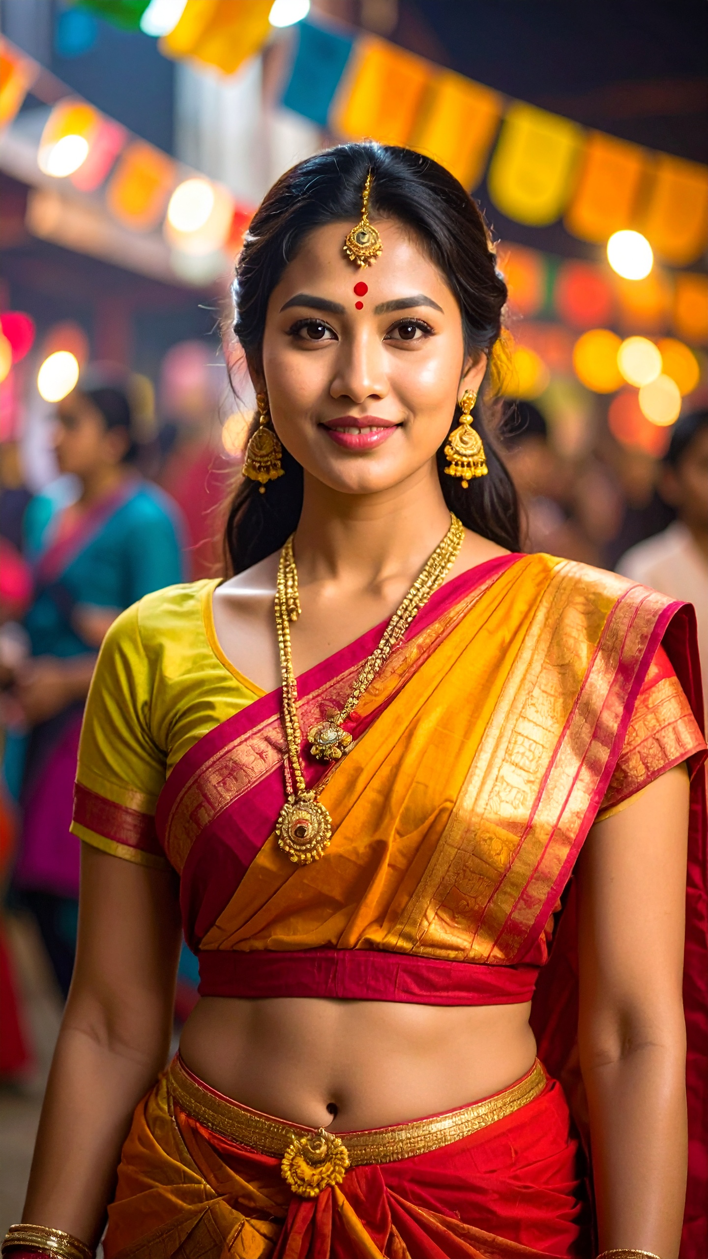 Mulher em traje tradicional indiano destaca-se em um ambiente festivo. Utilizado para celebrações culturais e eventos religiosos, o traje é composto por sari vermelho e dourado, adornado com joias tradicionais. A iluminação colorida ao fundo ressalta a atmosfera festiva. Ideal para festivais indianos ou cerimônias culturais. A elegância do traje oferece um toque de autenticidade e tradição.