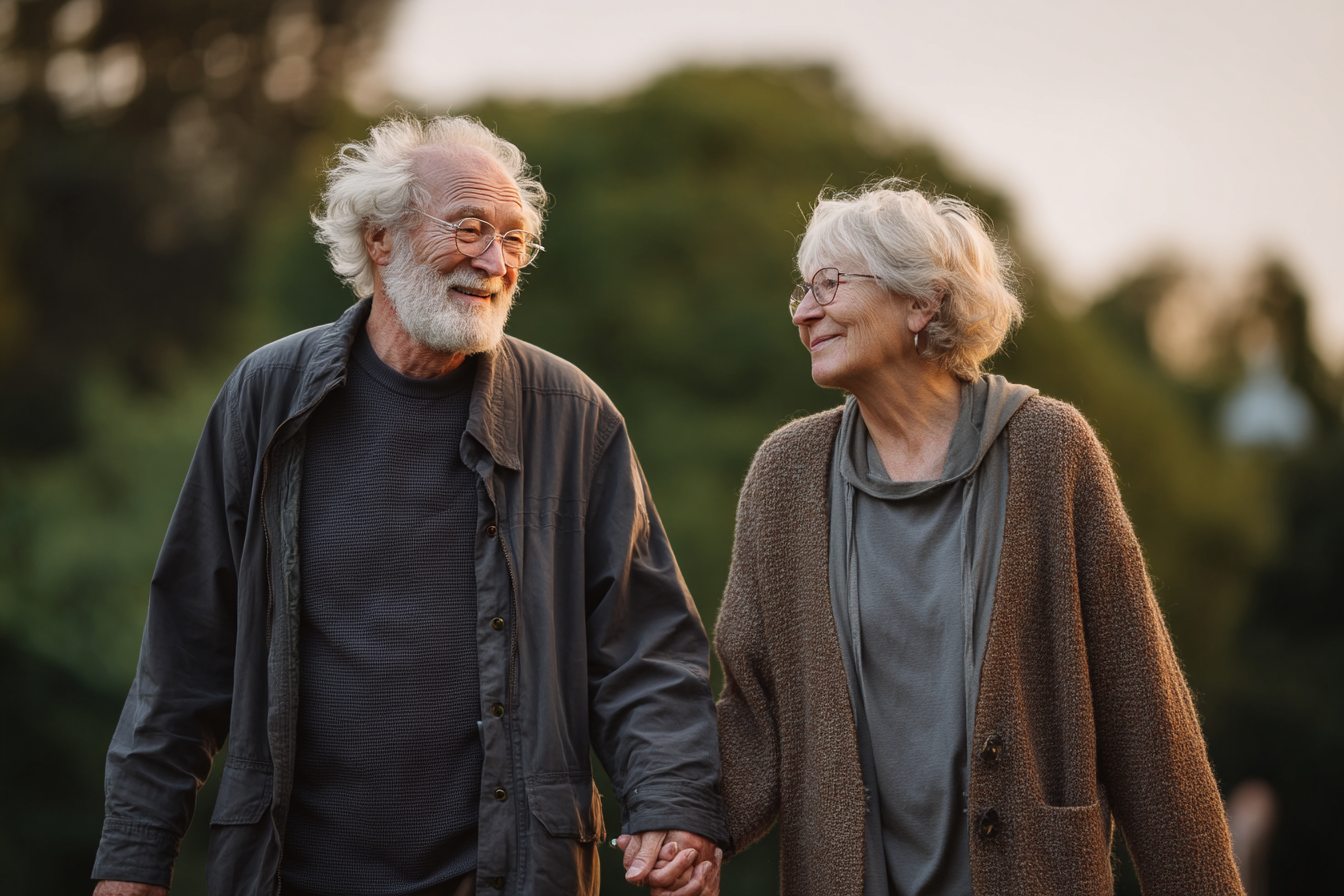 Um casal de idosos sorrindo e caminhando de mãos dadas em um parque durante o pôr do sol, rodeados por natureza. Eles vestem roupas casuais e confortáveis, simbolizando amor e felicidade na terceira idade.
