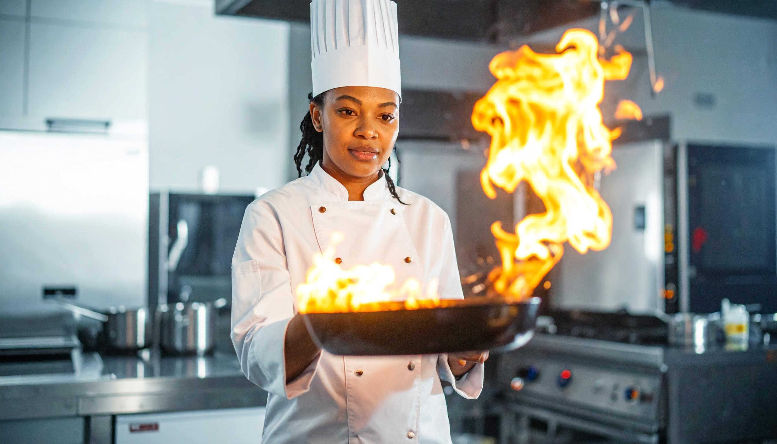 Chef em cozinha profissional segura uma frigideira com chama alta, destacando habilidades culinárias. A iluminação da cozinha industrial é brilhante, realçando o uniforme branco do chef e o fogo vibrante. O fundo mostra equipamentos de cozinha moderna, criando um ambiente dinâmico e profissional.