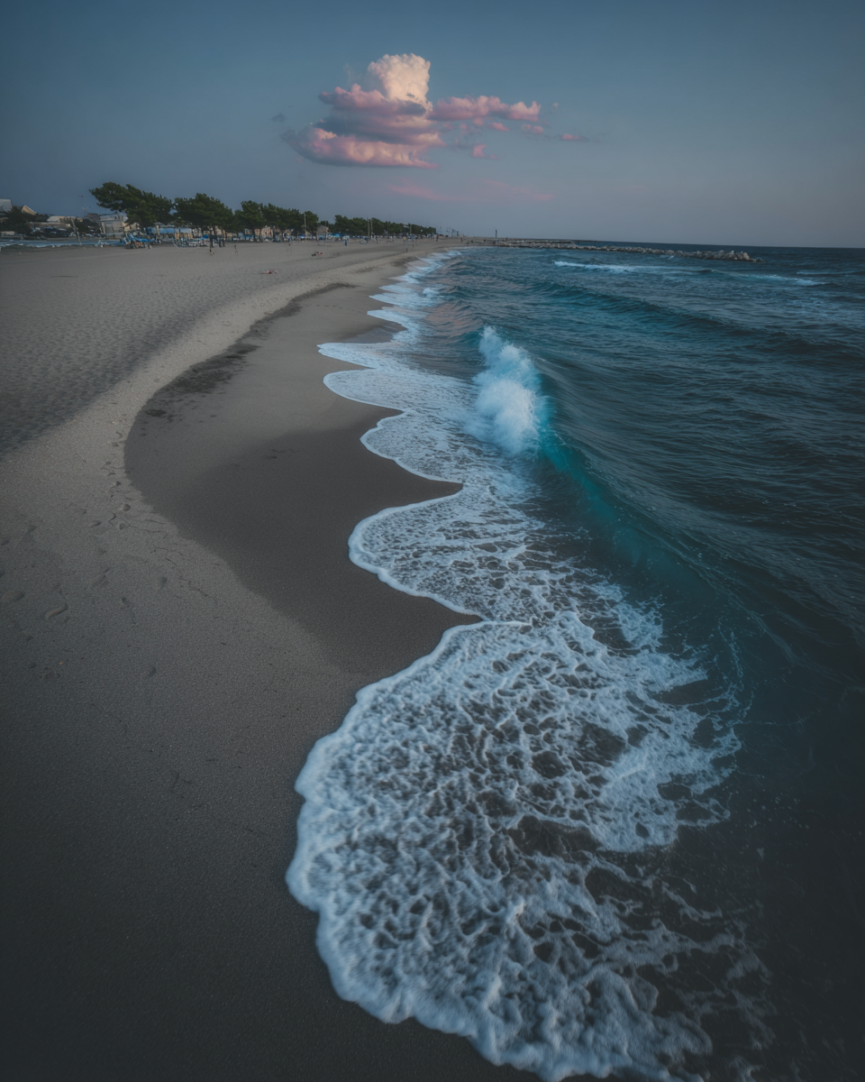Praia serena ao entardecer com ondas suaves quebrando na areia, céu azul profundo com nuvens rosadas ao fundo. A perspectiva aérea destaca a curva da costa, com iluminação suave criando um ambiente tranquilo e poético. Árvores e construções distantes complementam a composição equilibrada e visualmente atraente.