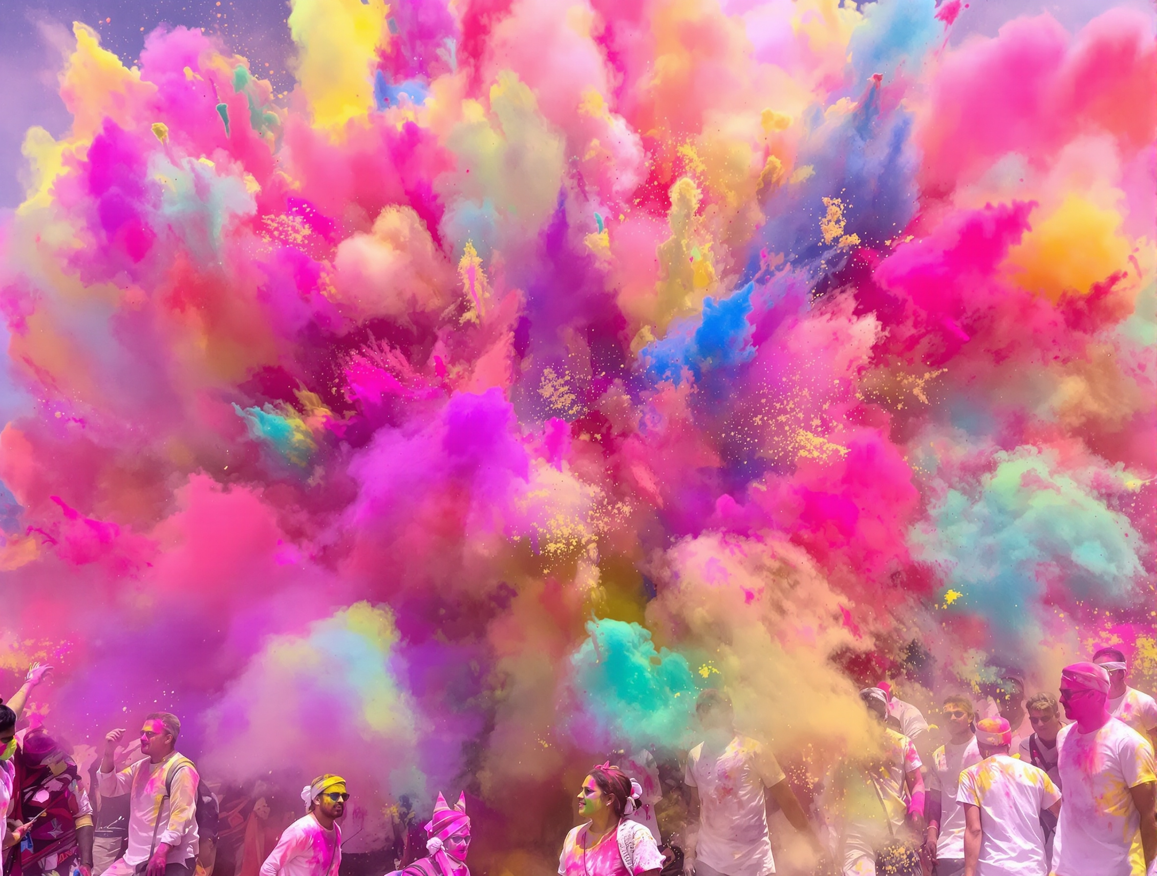A vibrant explosion of colorful powders fills the air as people celebrate a festival