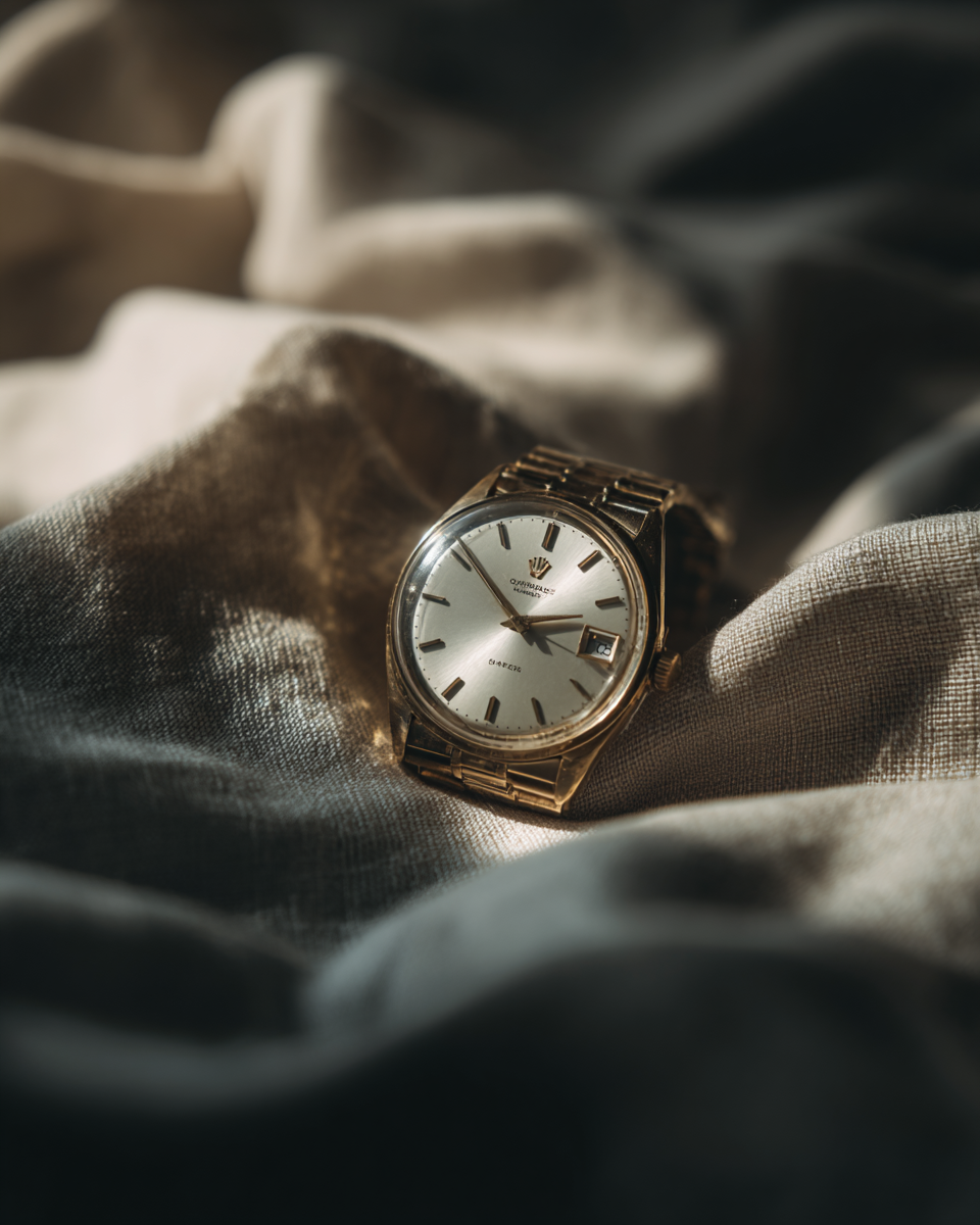 Relógio de luxo vintage com pulseira dourada e mostrador clássico sobre tecido ondulado em fundo suave.