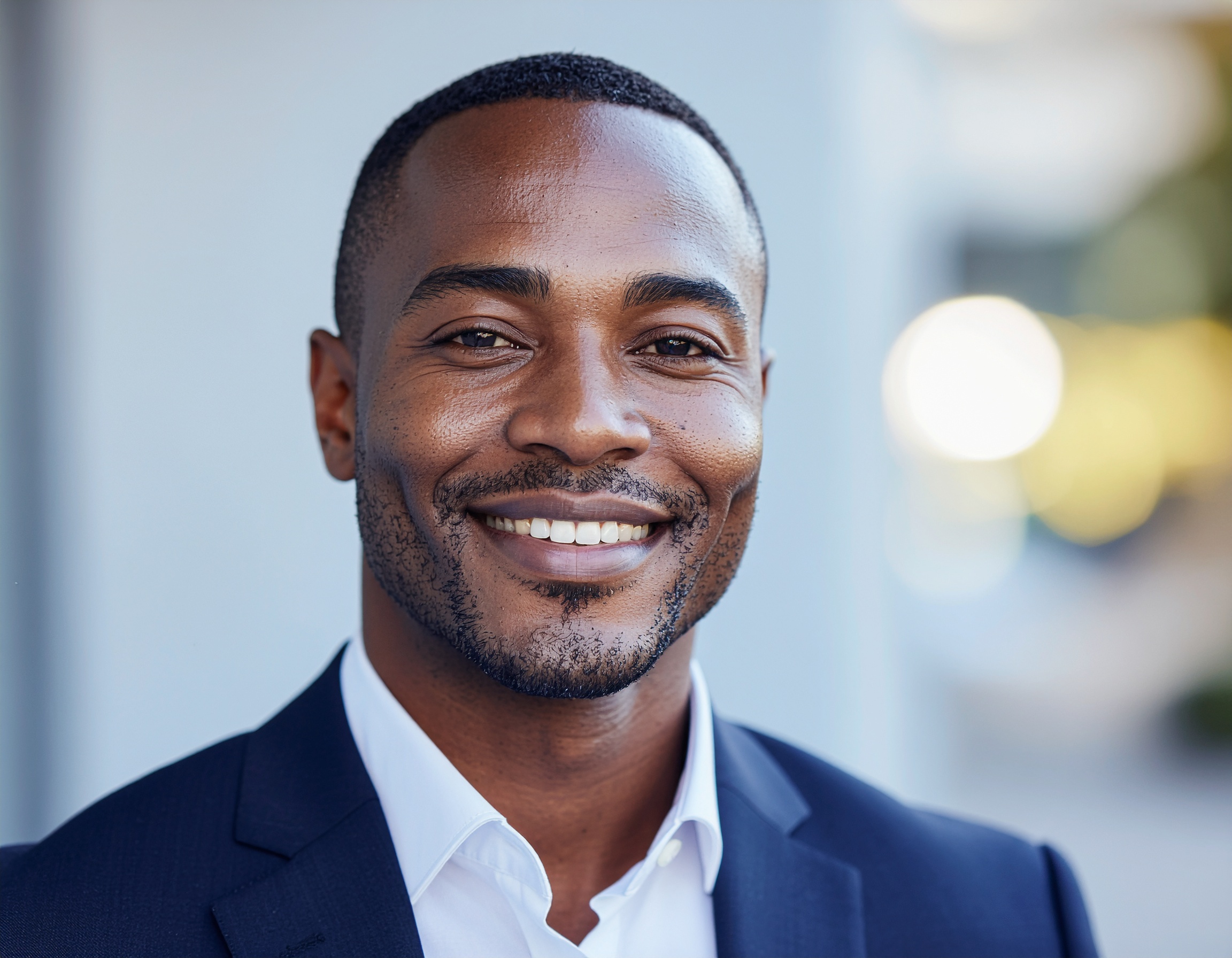 Smiling Man Portrait in Dark Blue Suit