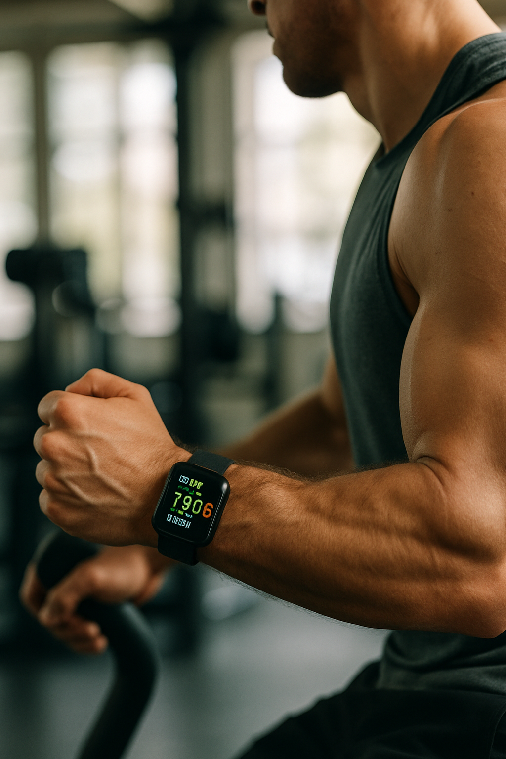 A man wearing a sleek smartwatch is cycling in a gym