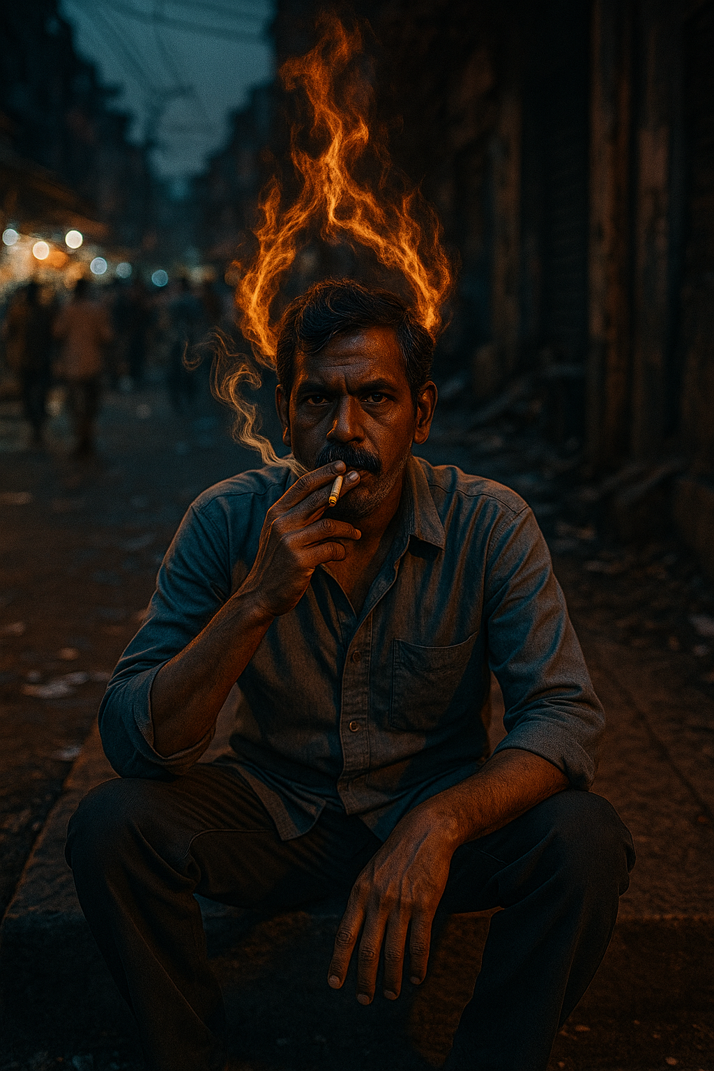 A man sits in a dimly lit street with a cigarette, surrounded by a surreal