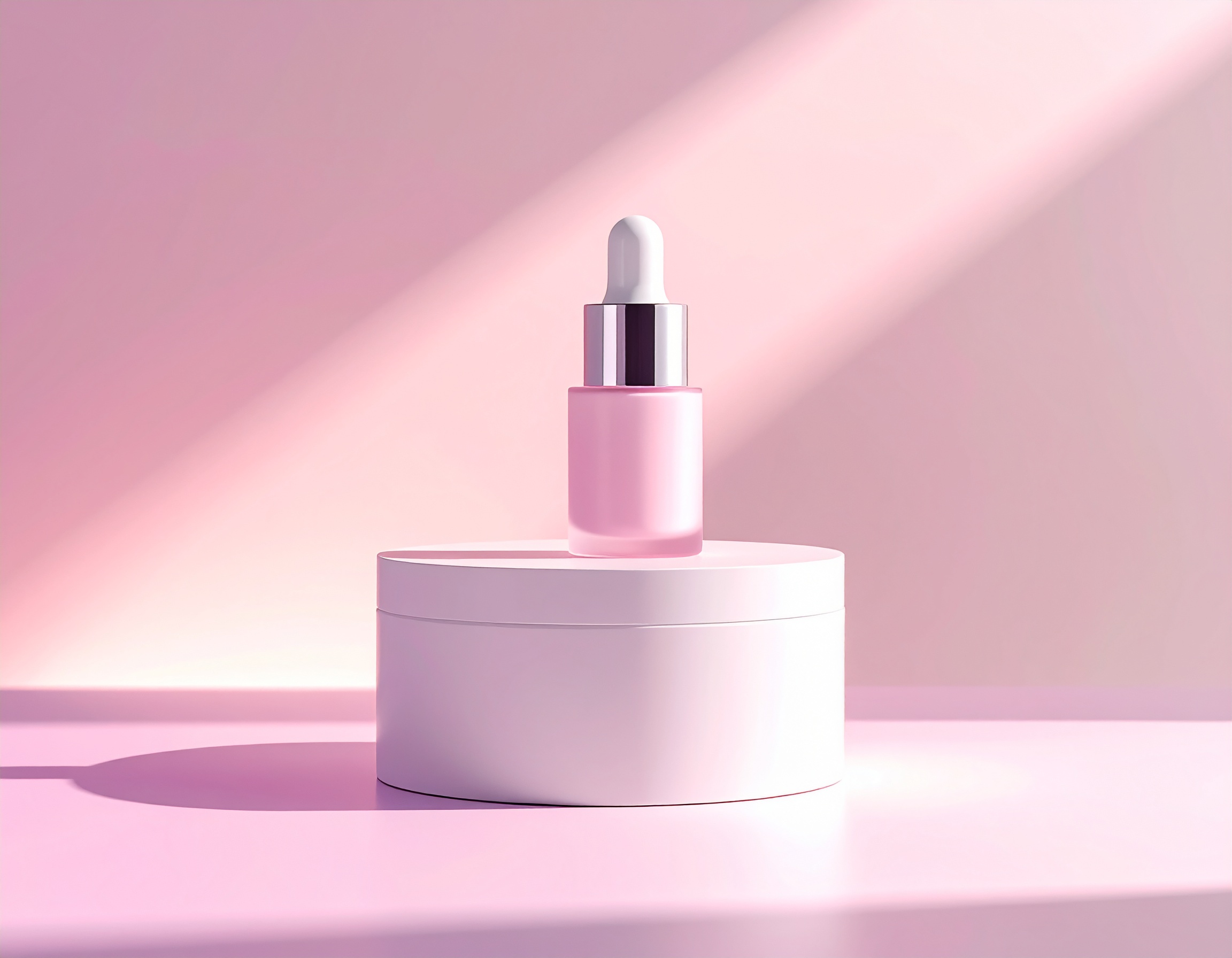 Frasco de cosmético rosa com conta-gotas sobre pedestal branco em ambiente minimalista com iluminação suave e estética moderna, ideal para campanhas de beleza e skincare.
