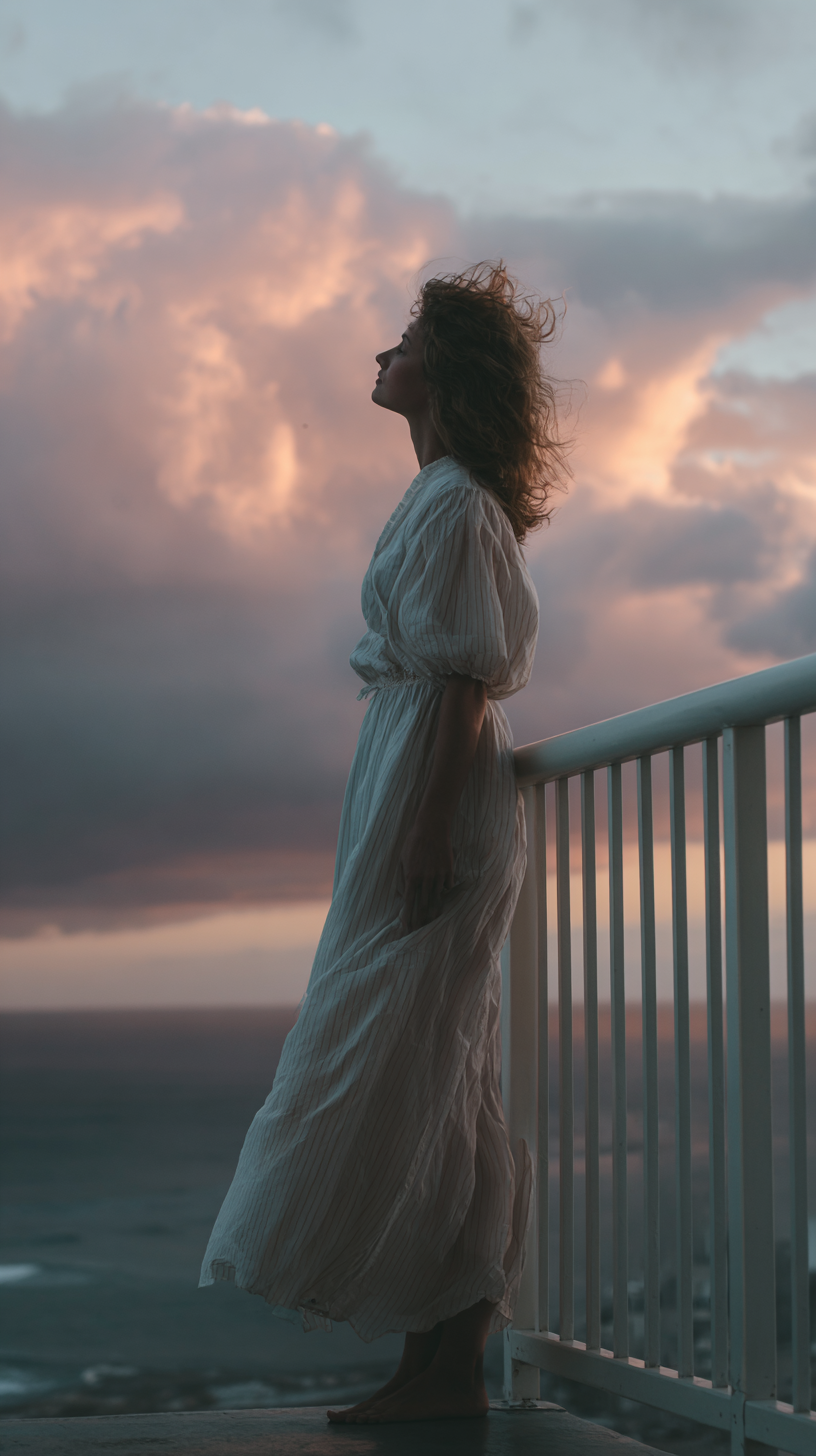 A imagem apresenta uma mulher em destaque, perfilada contra um céu dramático com nuvens em tons de rosa e azul. Ela usa um vestido branco com listras, que flui suavemente com a brisa. A composição é dominada pela silhueta da mulher e o horizonte do mar ao fundo, criando uma sensação de tranquilidade e introspecção.