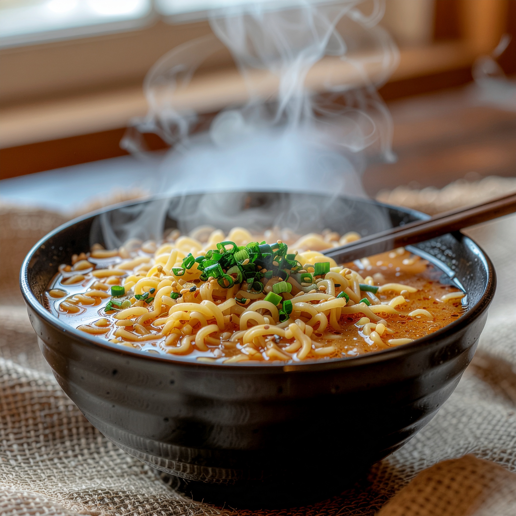 Tigela de ramen fumegante com caldo rico e pedaços de cebolinha verde, capturada em um ambiente aconchegante e iluminado naturalmente. O vapor sobe suavemente, criando uma atmosfera convidativa e calorosa, com foco preciso nos detalhes da textura dos noodles e do caldo, ressaltando o contraste entre o preto da tigela e os tons dourados do ramen.