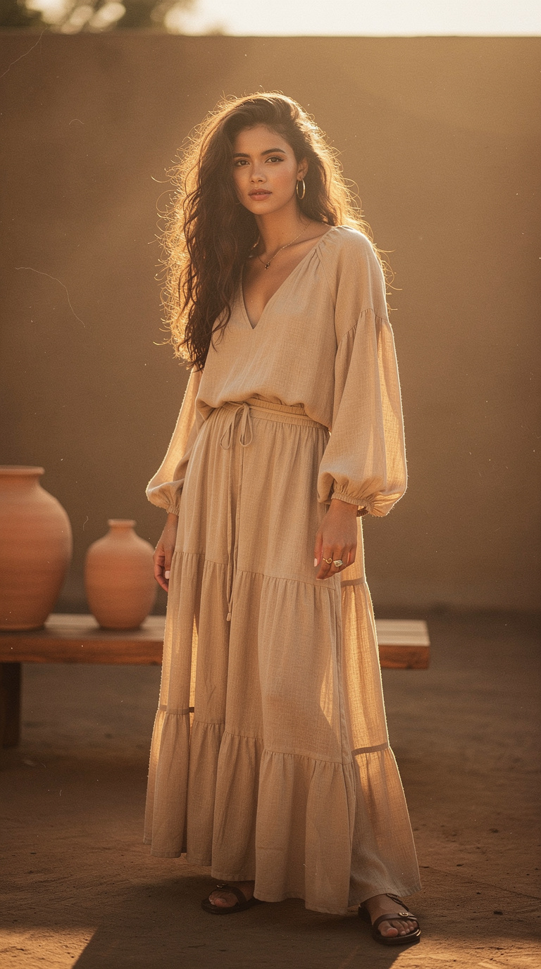 A woman stands in a beige, flowing maxi dress under warm, golden lighting