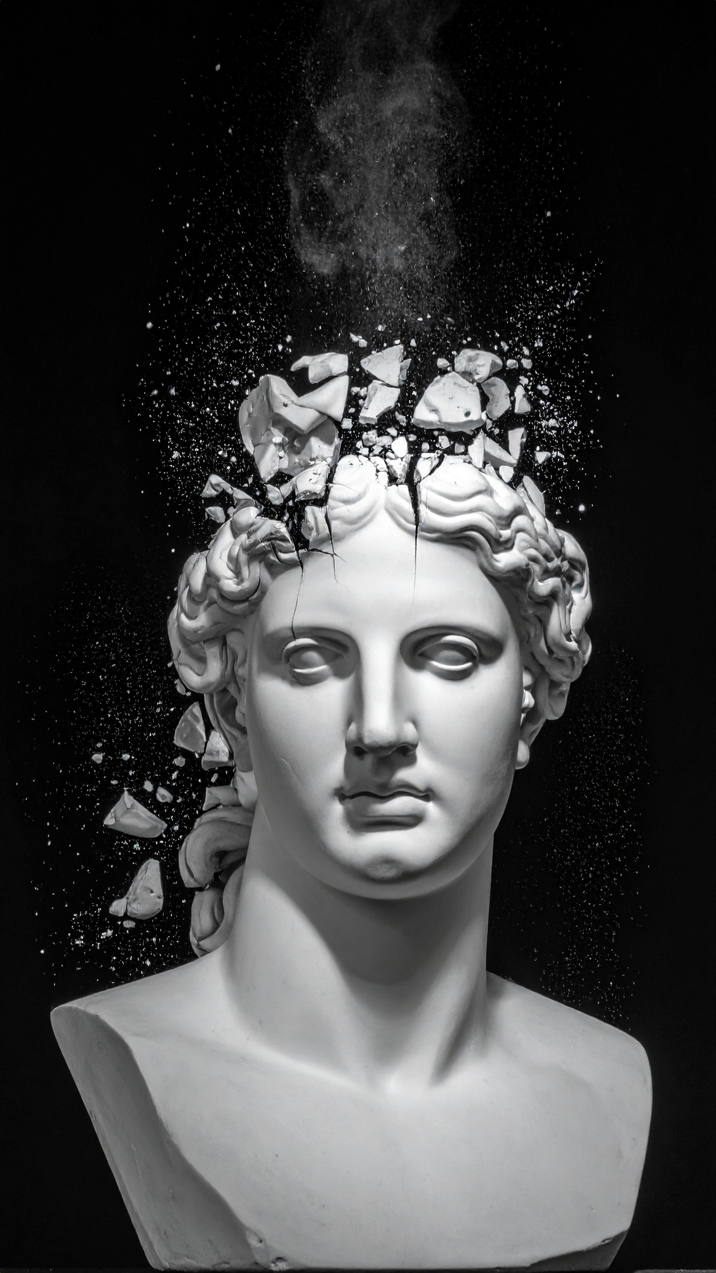 A classical bust sculpture dramatically shatters from the top, set against a dark backdrop