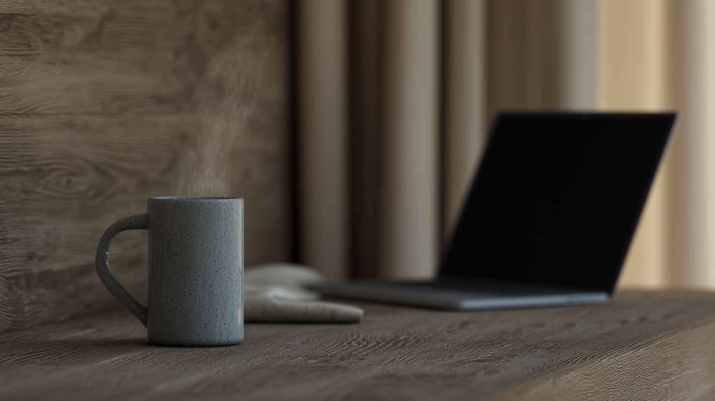 Cena serena de escritório com uma caneca de cerâmica cinza sobre mesa de madeira texturizada, em foco, ao lado de um laptop desfocado. A iluminação suave cria um ambiente acolhedor e produtivo, destacando o vapor sutil da bebida quente, sugerindo um momento de pausa e reflexão, com tons terrosos e fundo neutro.