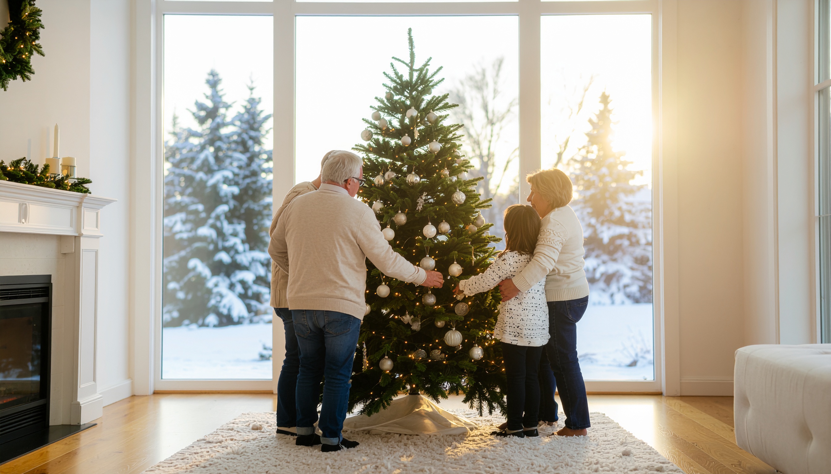 Family Decorating Christmas Tree in Cozy Living Room