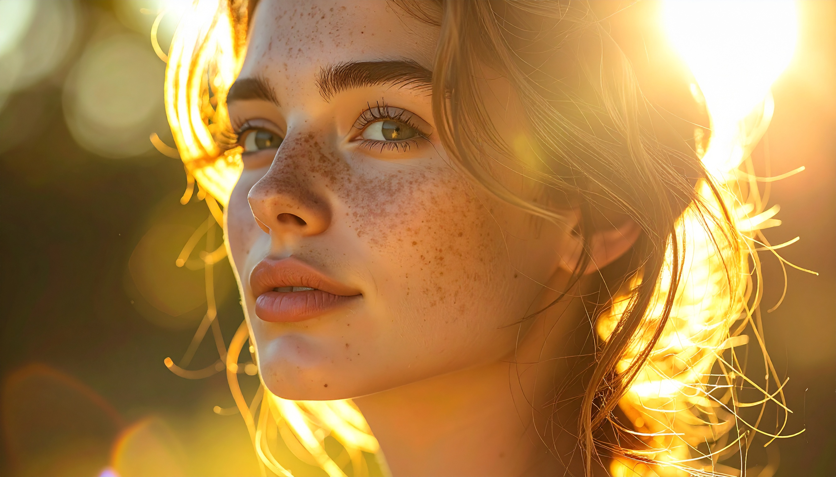 Young Woman Portrait with Freckles in Golden Sunlight