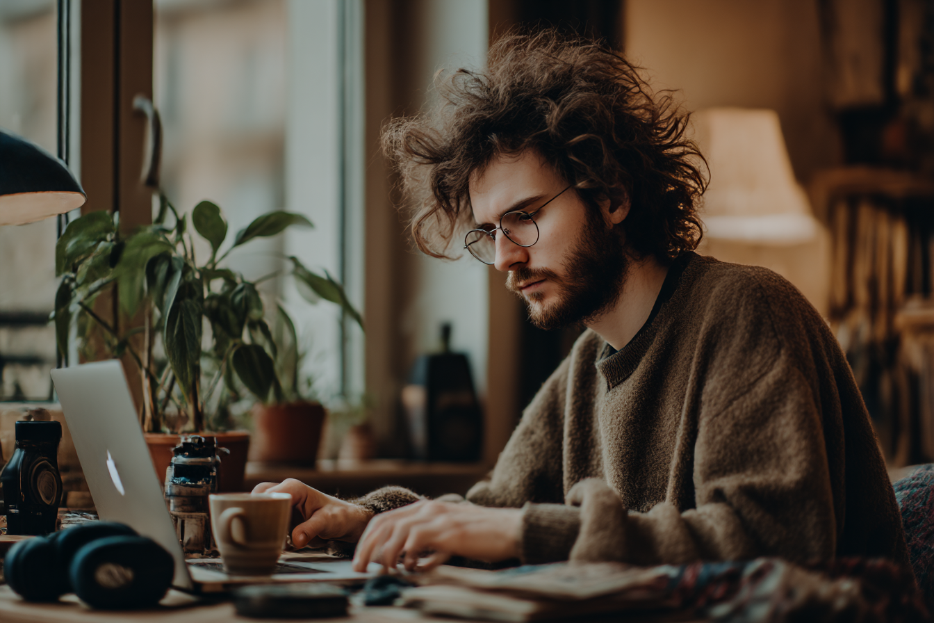 Homem com cabelo encaracolado e óculos, concentrado em seu laptop em um ambiente aconchegante. Ele está cercado por plantas, uma caneca de café e equipamentos fotográficos em uma mesa de madeira. Luz suave entra pela janela, criando uma atmosfera criativa e inspiradora.