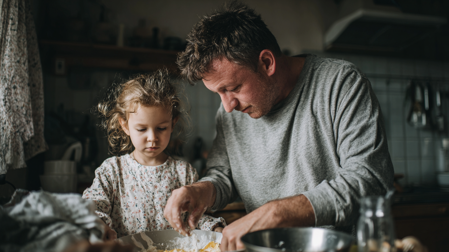 Pai e filha cozinhando juntos na cozinha, com um foco em receitas caseiras, interação familiar e aprendizado culinário. Ambos estão envolvidos na preparação de uma massa, com utensílios de cozinha e ingredientes ao redor.