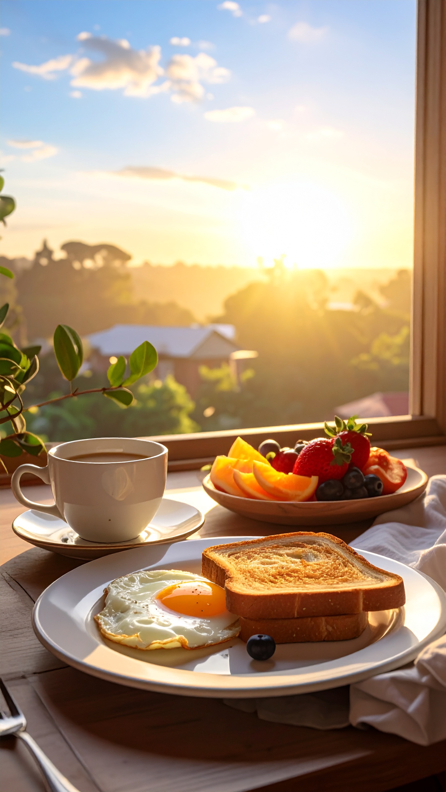 A sunny breakfast scene with eggs and toast by a window