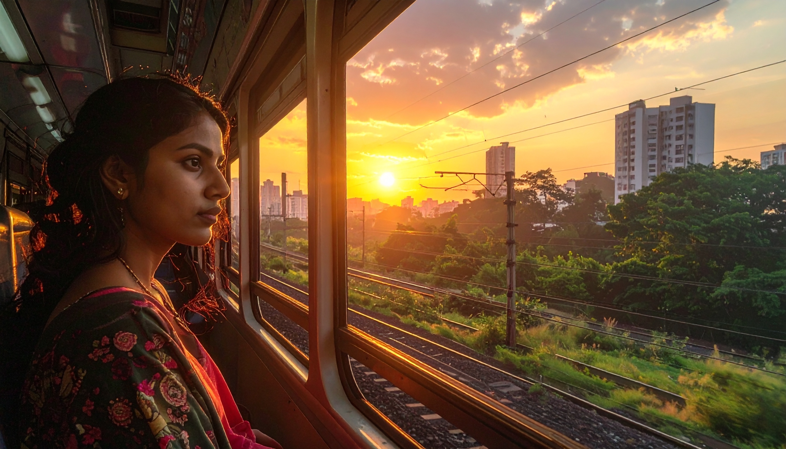 A woman gazes out from a train window at a breathtaking sunset over a cityscape