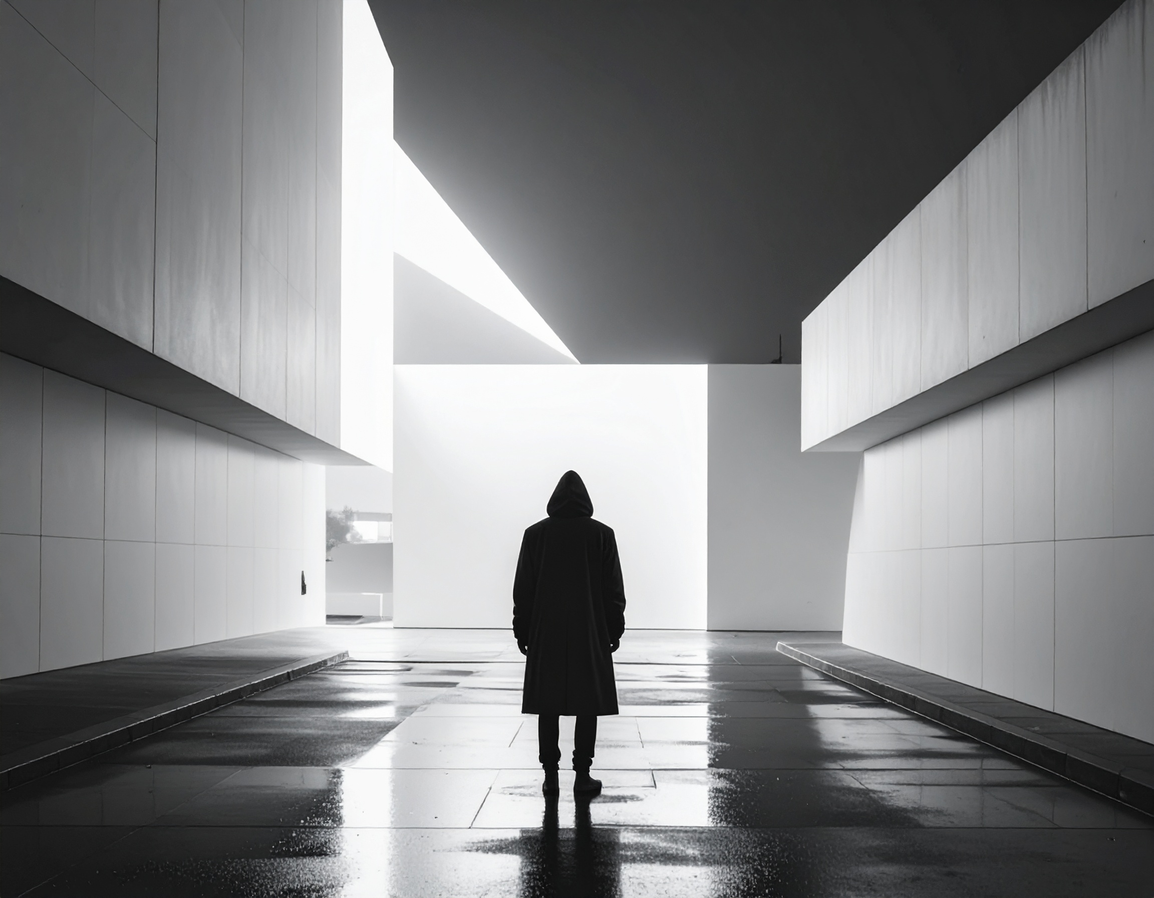 A solitary figure in a dark coat stands between modern architectural structures