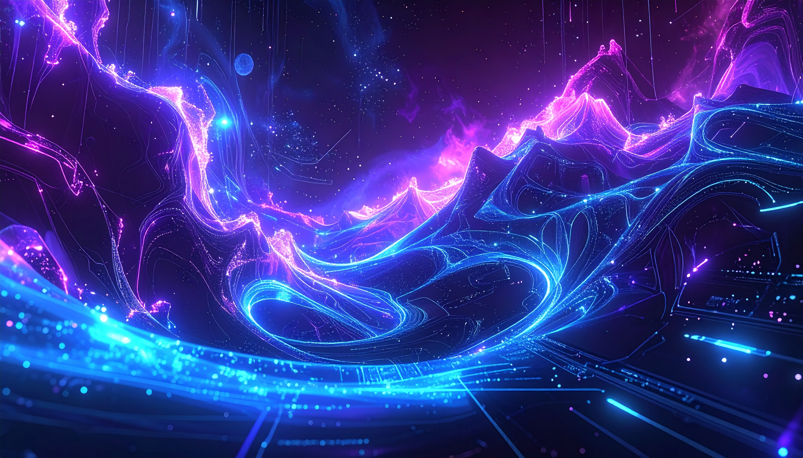 A mesmerizing digital landscape showcases vibrant neon waves in purple and blue