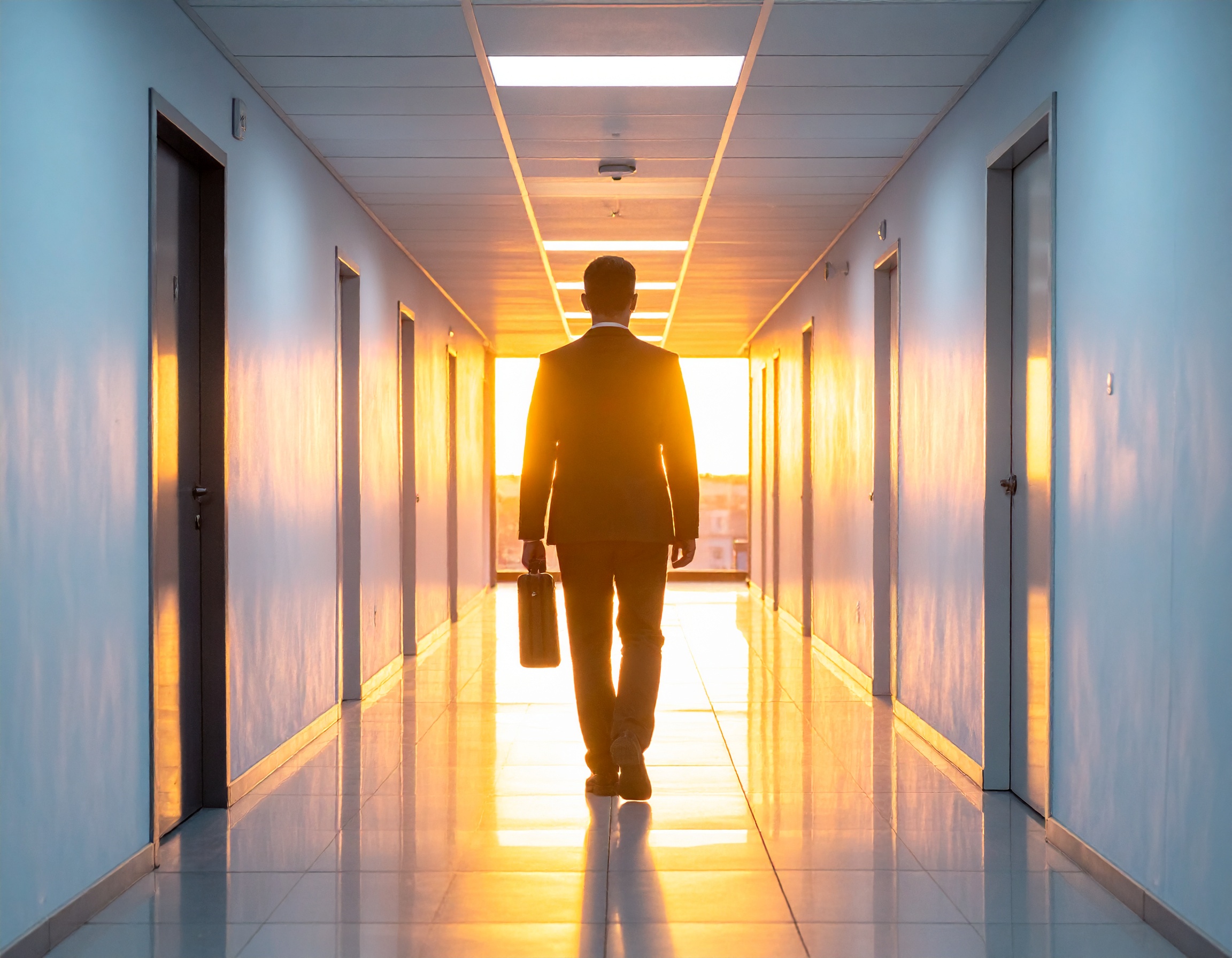 Homem em traje formal caminhando por corredor iluminado pela luz do sol ao entardecer, refletindo no piso brilhante e criando sombras suaves. A composição simétrica e o ângulo de visão traseiro enfatizam a sensação de profundidade e transição, com tons dourados e azuis contrastantes nas paredes e teto.