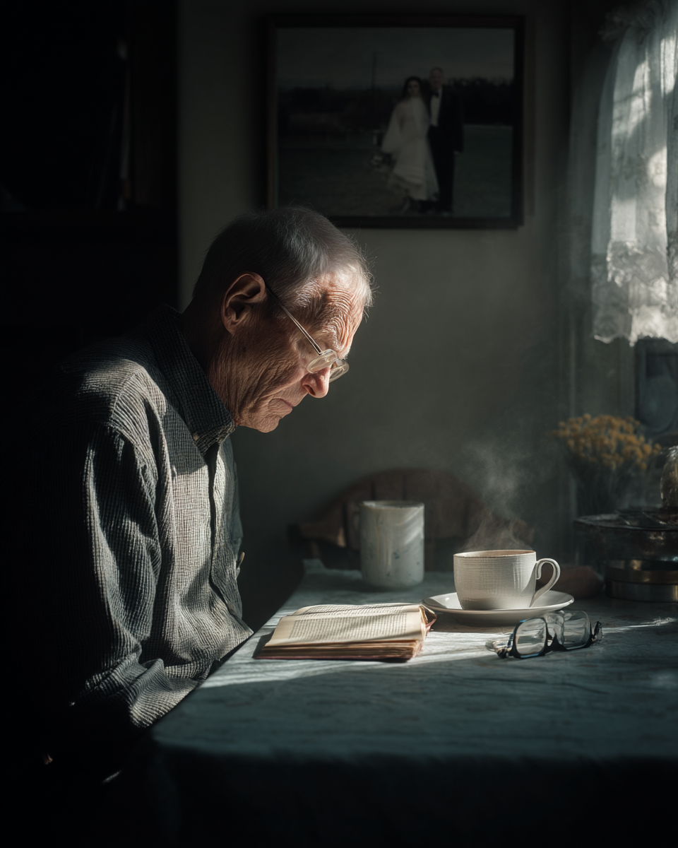 A imagem retrata um homem idoso sentado à mesa, envolto em uma iluminação suave e intimista. Ele está concentrado na leitura de um livro aberto, com uma xícara de café ao seu lado, de onde se eleva vapor. O fundo é sutilmente desfocado, destacando a figura do homem e os objetos próximos, como os óculos e um recipiente de cerâmica. A luz entra pela janela, criando um contraste entre as áreas iluminadas e sombreadas.