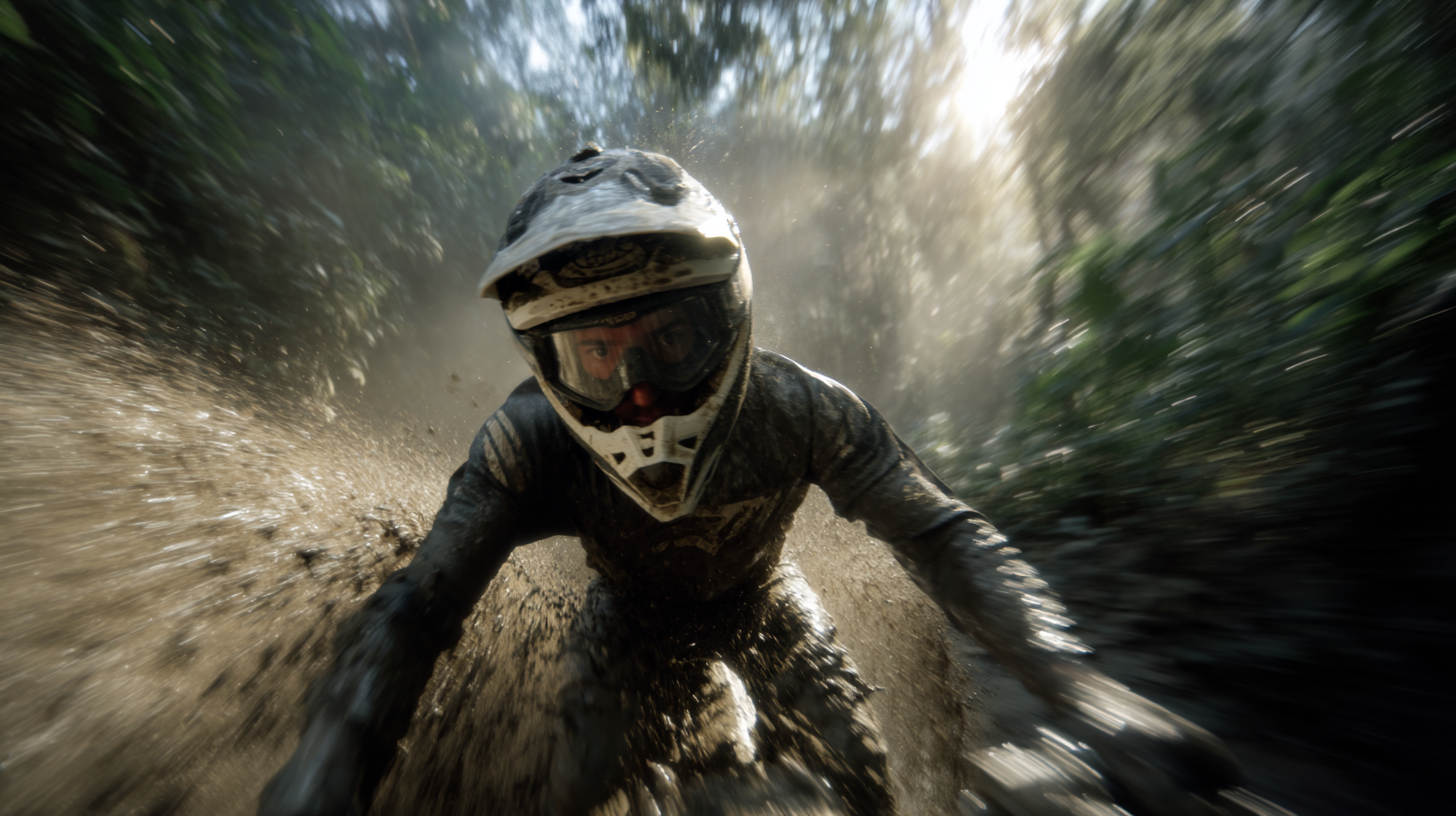 Um motociclista de motocross acelerando em um trajeto de terra, coberto de lama, enquanto a luz do sol penetra pela vegetação densa ao fundo. A imagem captura a adrenalina e a emoção do esporte off-road.