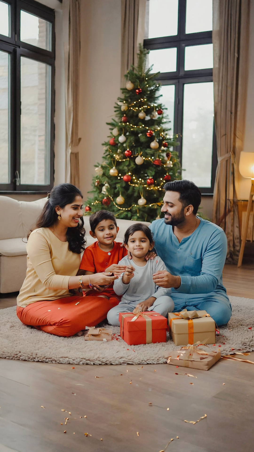A family enjoys a warm holiday scene near a Christmas tree