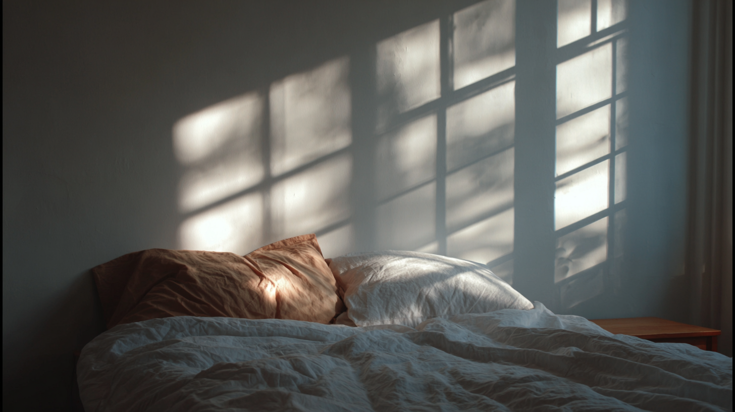 A imagem apresenta um ambiente de quarto tranquilo, com uma cama organizada. Os travesseiros são de tons terrosos e claros, contrastando com o cobertor branco. A luz suave do sol ilumina a cena, criando sombras projetadas na parede, que formam um padrão geométrico a partir de janelas. A paleta de cores é predominantemente neutra, com tons de branco, bege e cinza suave, evocando uma sensação de calma e serenidade.