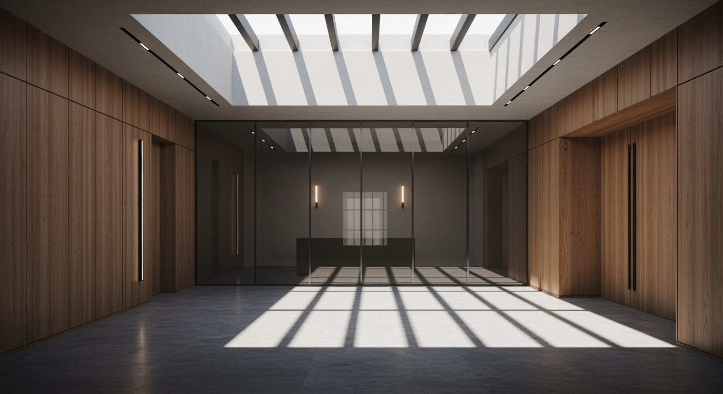 Espaço interior moderno com design minimalista e iluminação natural. Ideal para ambientes comerciais ou residenciais sofisticados. O uso de madeira nas paredes e o teto com vigas criam um ambiente acolhedor e elegante. Perfeito para escritórios ou salas de estar que valorizam a luz natural e um estilo clean. O contraste entre a madeira e a luz adiciona um toque de modernidade.