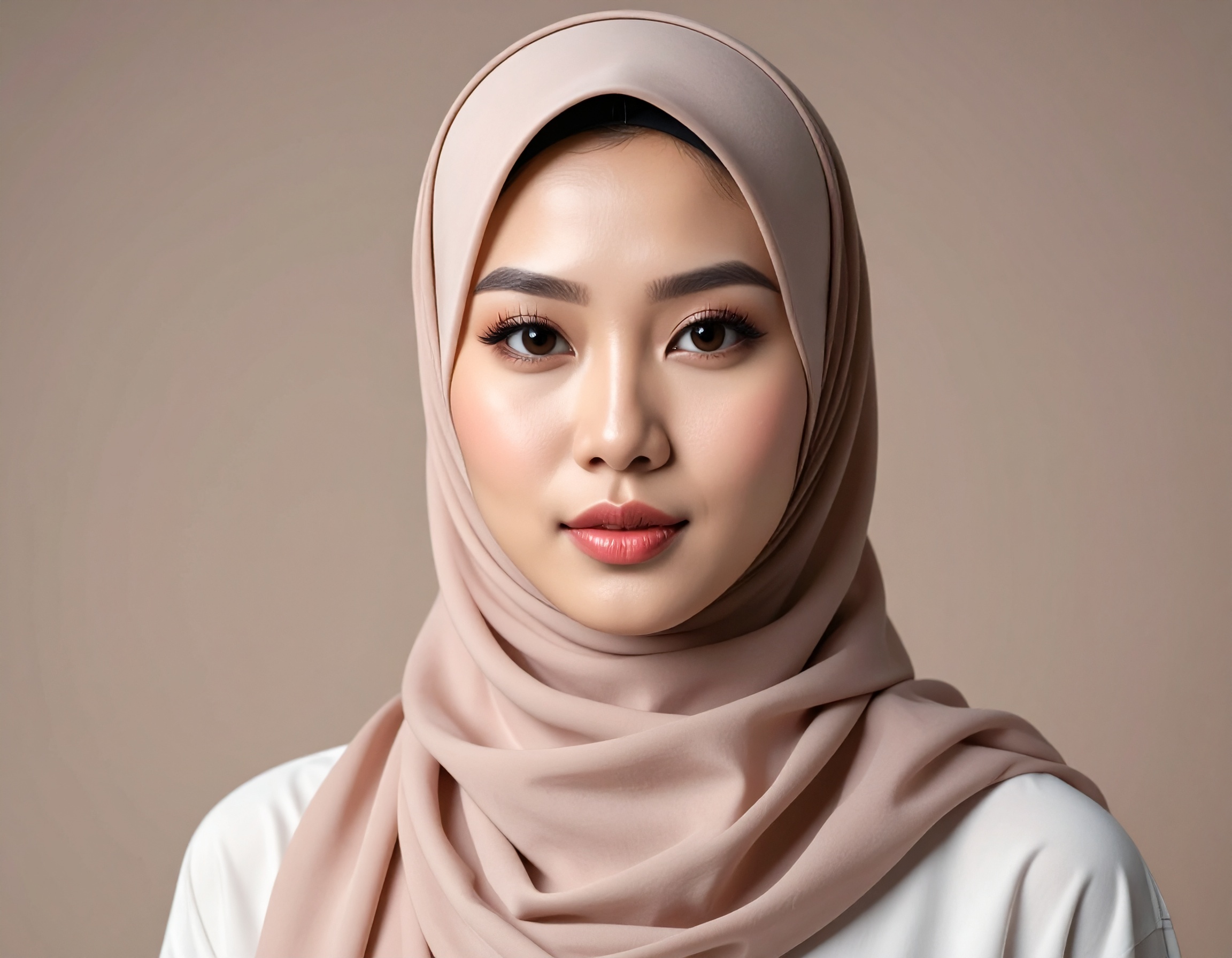Jovem usando hijab bege em fundo neutro, transmitindo elegância e serenidade. O hijab é um acessório versátil para várias ocasiões, destacando-se pela sua suavidade no visual. O tom bege do hijab complementa a pele e maquiagem delicada, criando um look harmonioso. Ideal para eventos formais ou uso diário, oferecendo conforto e estilo. A imagem destaca a beleza e a confiança, sendo perfeita para campanhas de moda inclusiva.