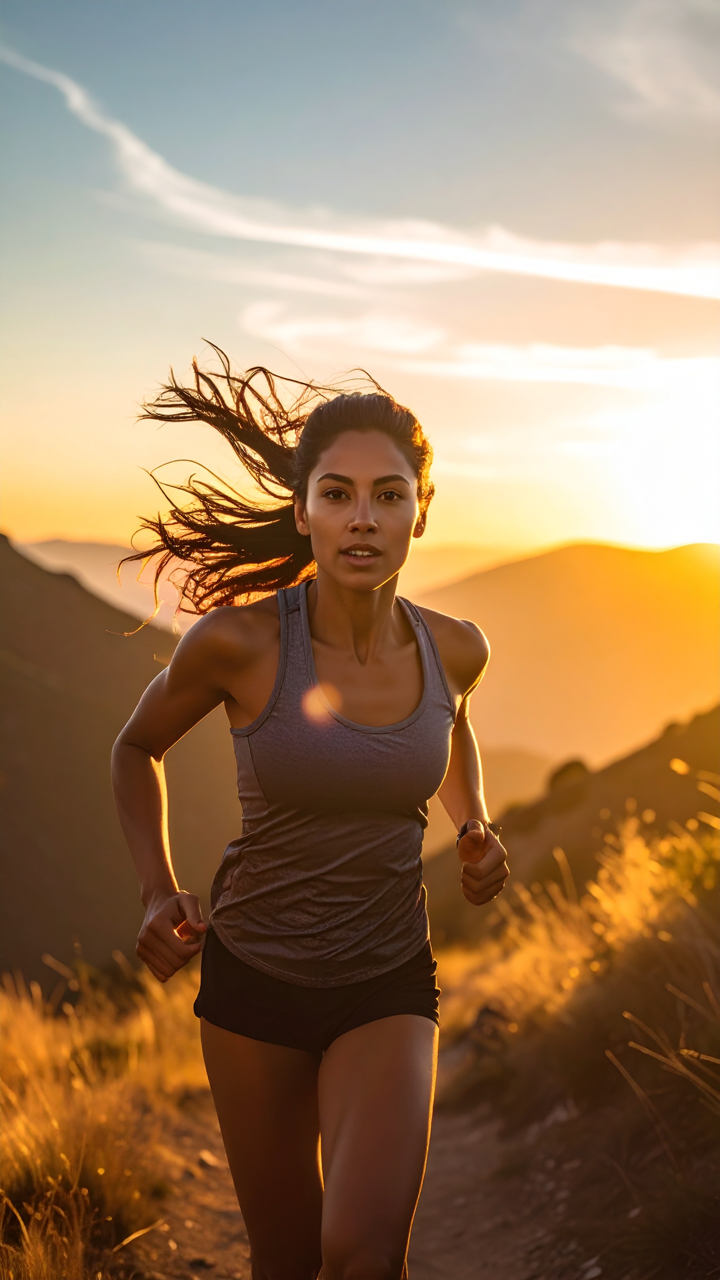 A woman is running on a mountain trail at sunset, exuding energy and determination