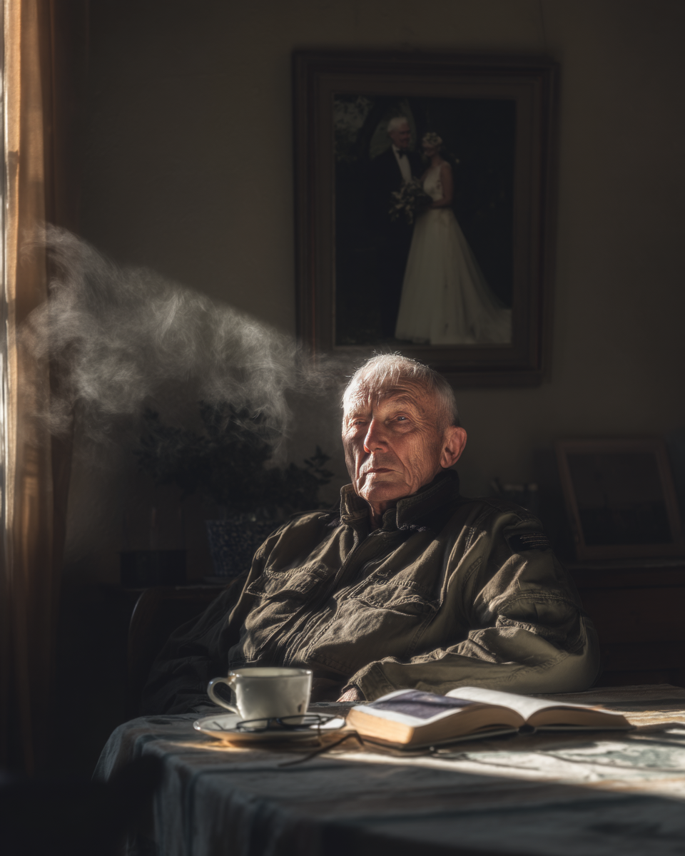 Retrato de um idoso sentado à mesa com uma xícara de café e um livro aberto, enquanto vapor quente se eleva da bebida. A luz suave da janela ilumina seu rosto pensativo, com uma foto de casamento ao fundo, criando uma atmosfera nostálgica e reflexiva.