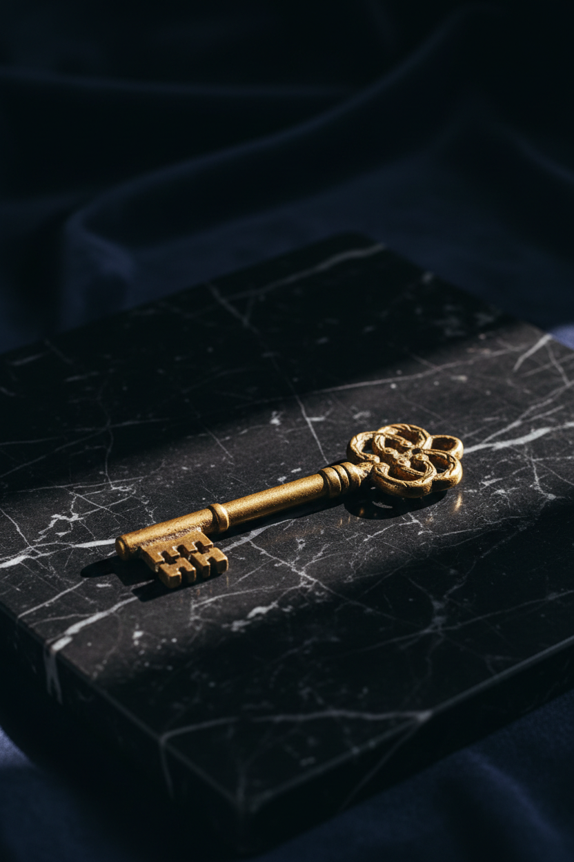 An ornate golden key rests elegantly on a black marble surface, exuding a sense of luxury