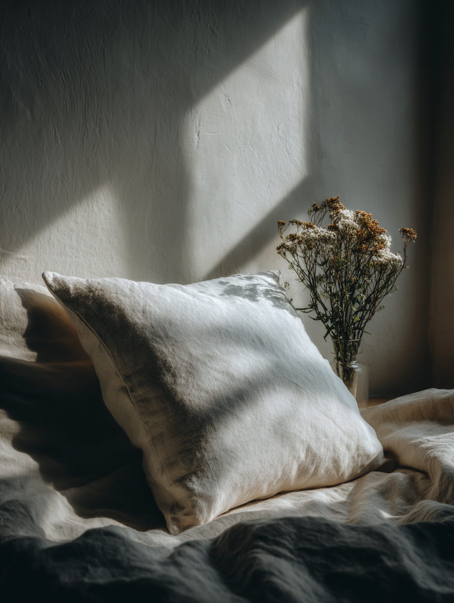 Almofada branca em tecido macio repousa sobre cama com lençóis claros, ao lado de vaso com flores secas. A luz suave atravessa a janela, criando sombras dramáticas na parede texturizada, conferindo um ambiente acolhedor e sereno. Composição minimalista e bem equilibrada com foco suave.