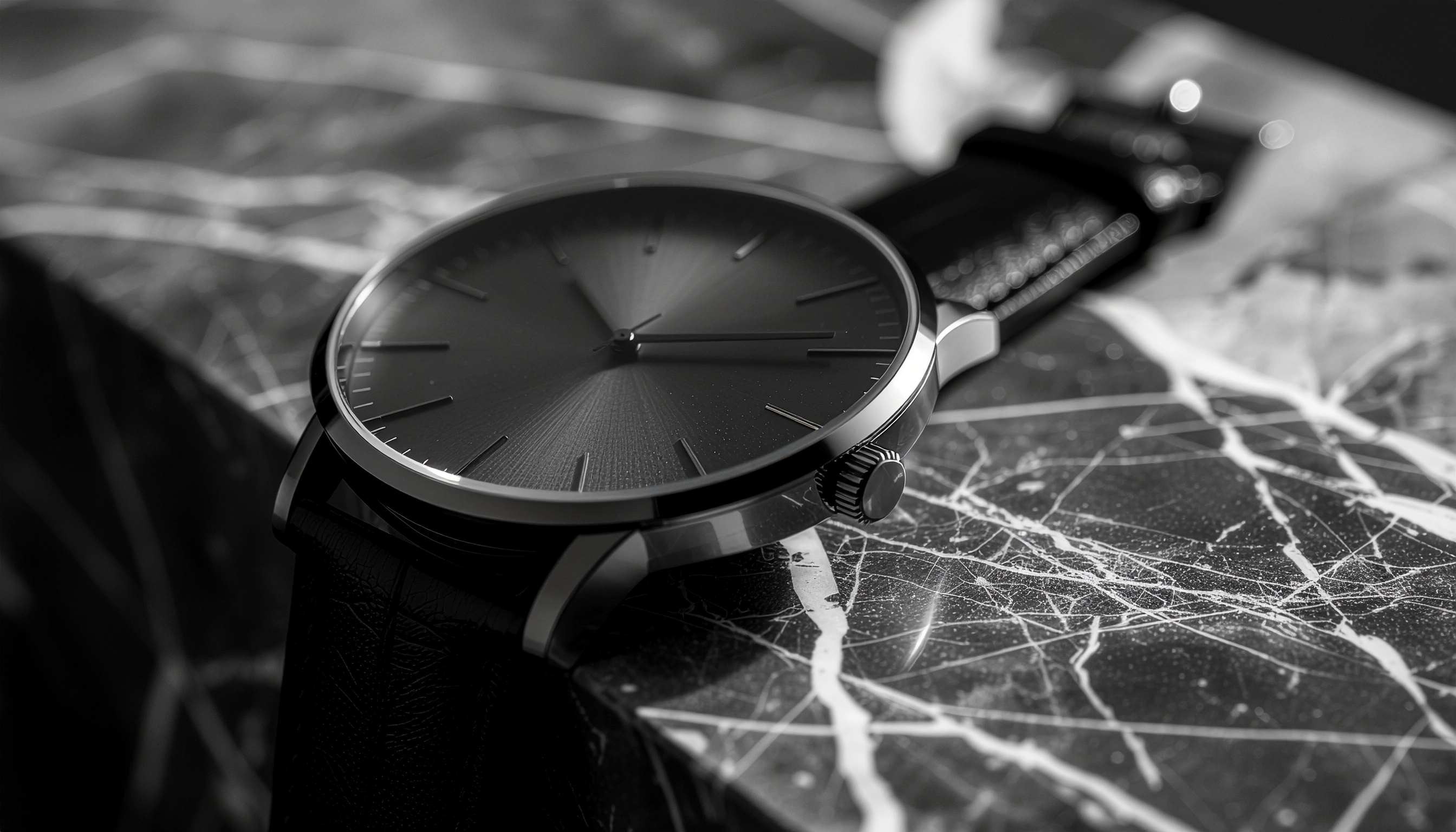 A sleek black watch rests elegantly on a marbled surface, exuding sophistication
