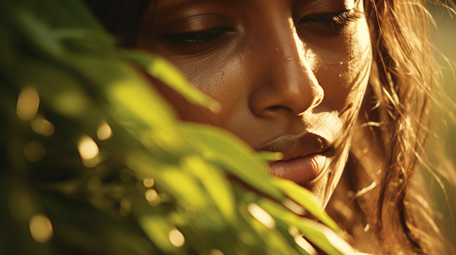 Close-up of a woman’s face partially obscured by green leaves, showcasing natural beauty and soft lighting. The warm tones highlight her skin texture and the serene expression on her face, creating a tranquil and intimate atmosphere.