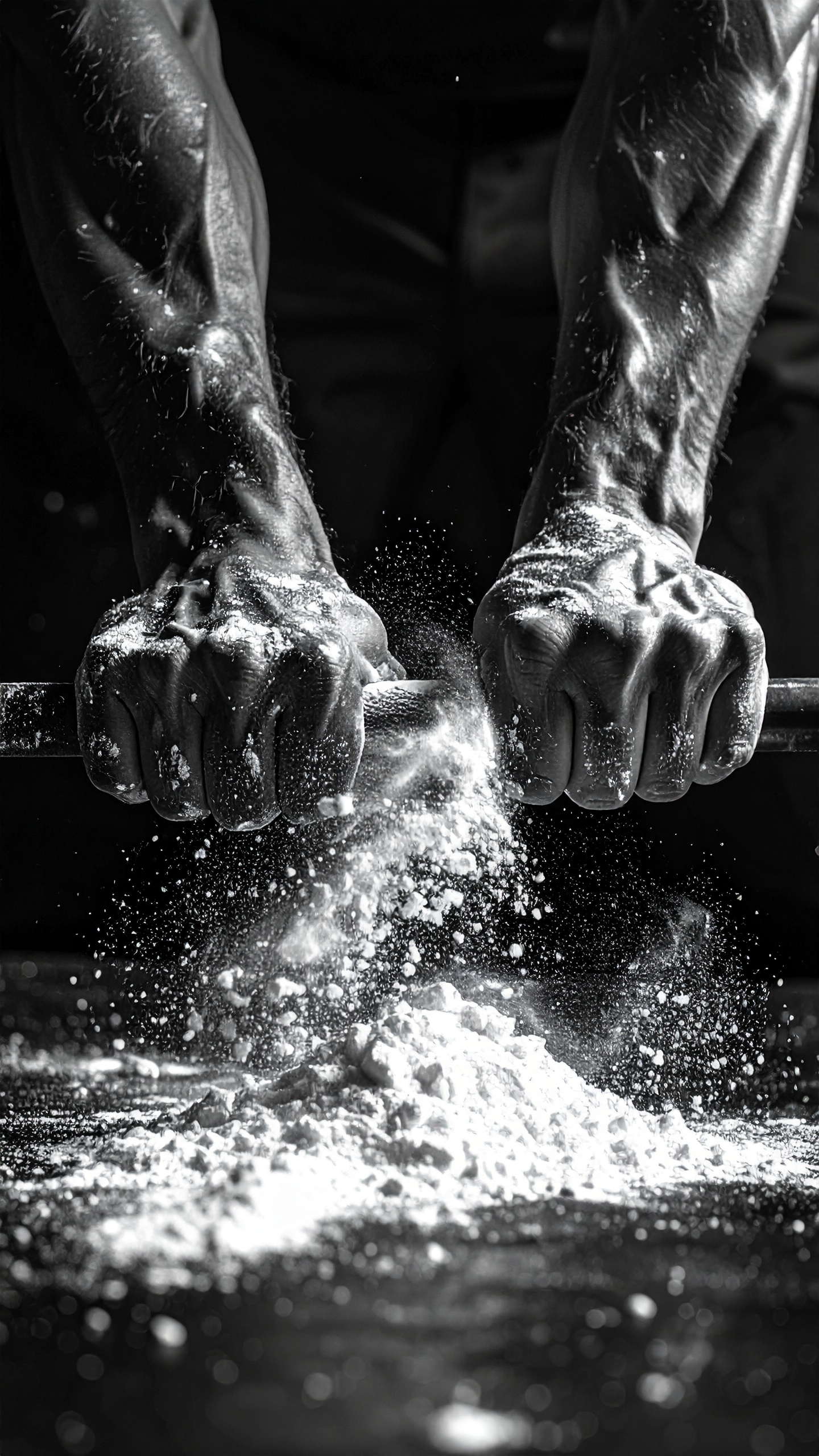Muscular hands grip a barbell, dusted with chalk, emphasizing strength and determination