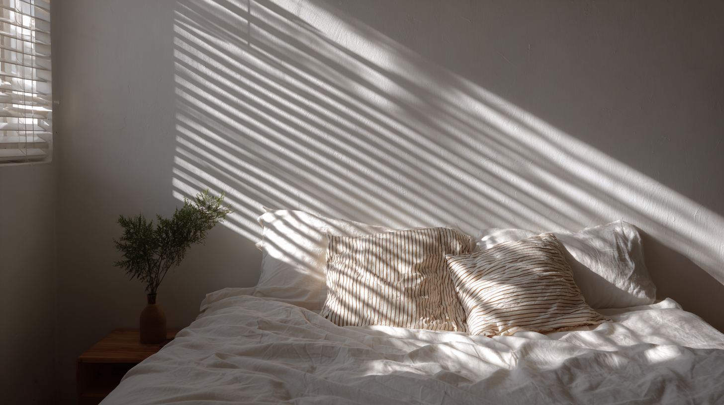 A imagem apresenta um ambiente de quarto com luz suave filtrada através de persianas, criando sombras em listras sobre a cama. A paleta de cores é predominantemente neutra, com tons de branco e creme, acentuados por detalhes verdes da planta. A composição é equilibrada, com a cama ocupando a maior parte da cena e a planta adicionando um elemento vertical.