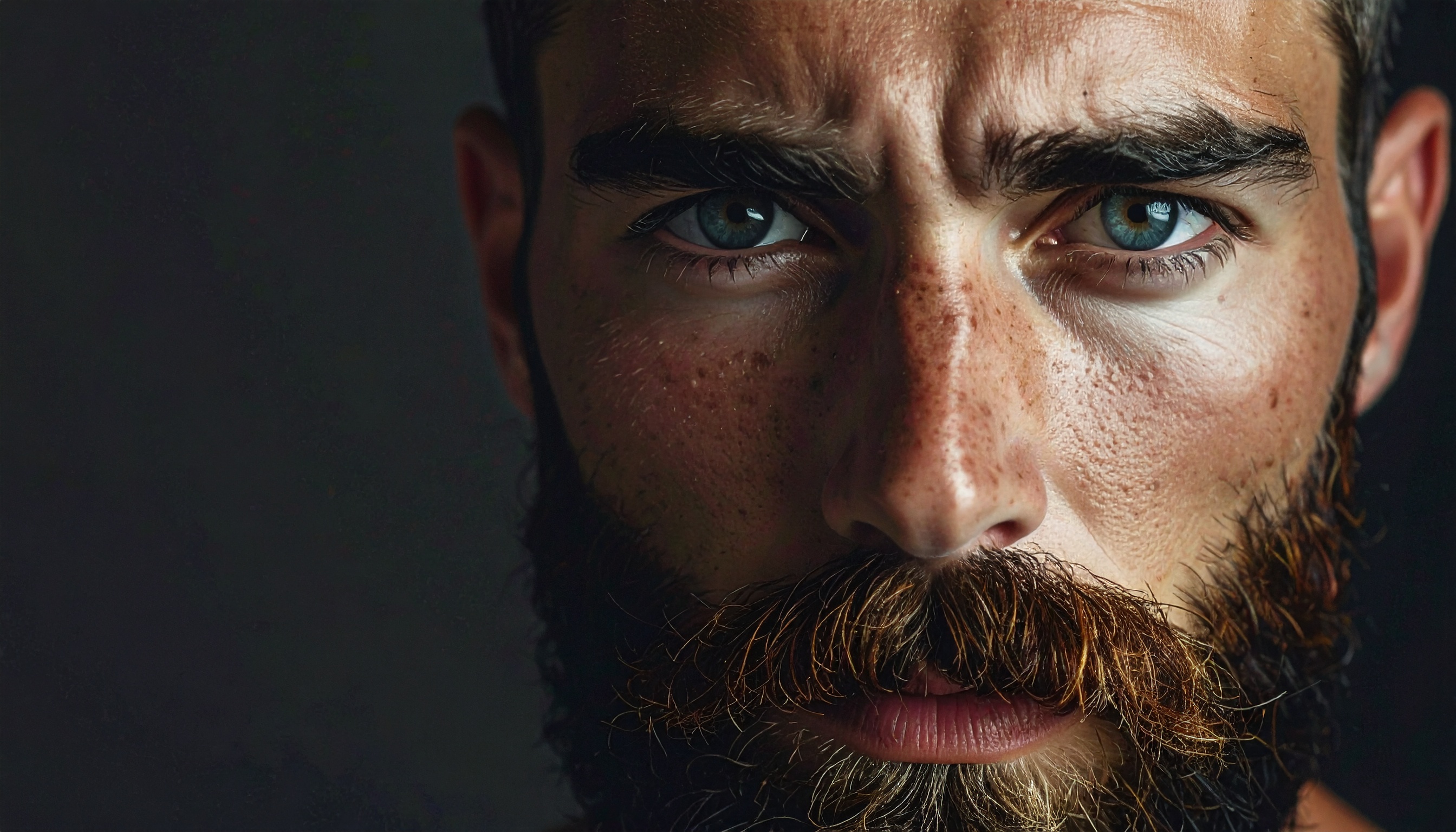 A rugged, bearded man stares intensely, highlighting masculine appeal