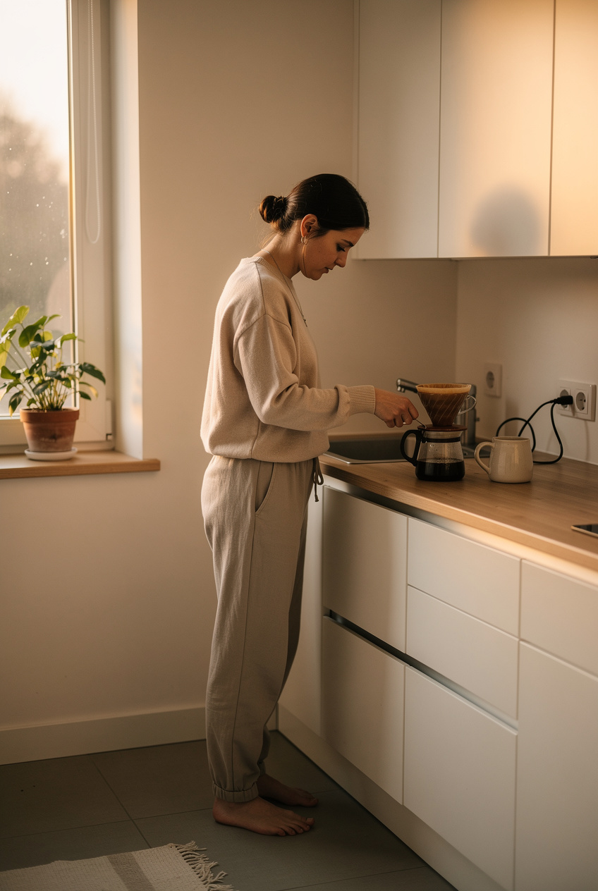 A woman stands in a cozy kitchen preparing coffee with a pour-over method