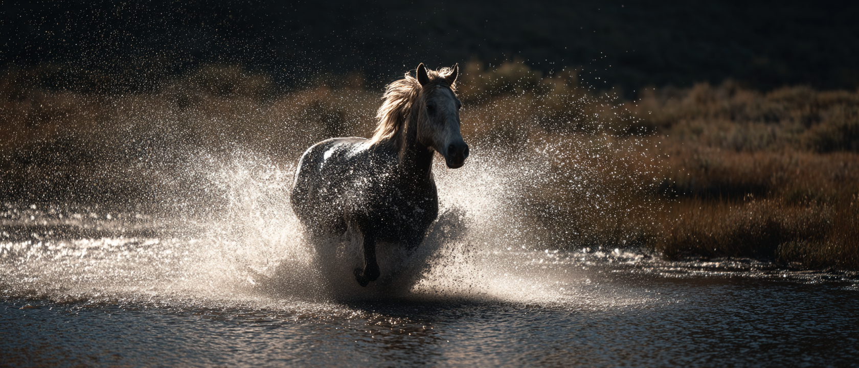 Um cavalo cinza galopa através de um lago raso, criando respingos de água ao seu redor, com um fundo escuro que destaca a ação e a beleza do animal.
