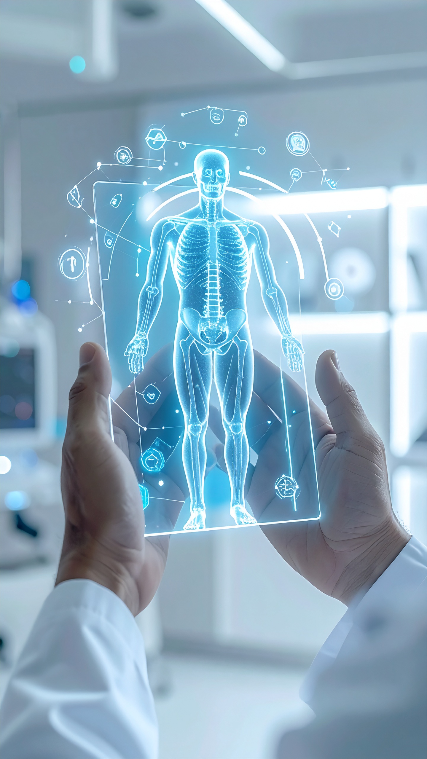 Médico segura um display holográfico com uma representação digital do corpo humano. Esta tecnologia é utilizada para fins diagnósticos e educacionais em ambientes médicos modernos. O holograma detalha o esqueleto e órgãos, oferecendo uma visão abrangente e interativa. Ideal para uso em hospitais, universidades e laboratórios de pesquisa. Esta ferramenta inovadora facilita o aprendizado e melhora a precisão em diagnósticos médicos.