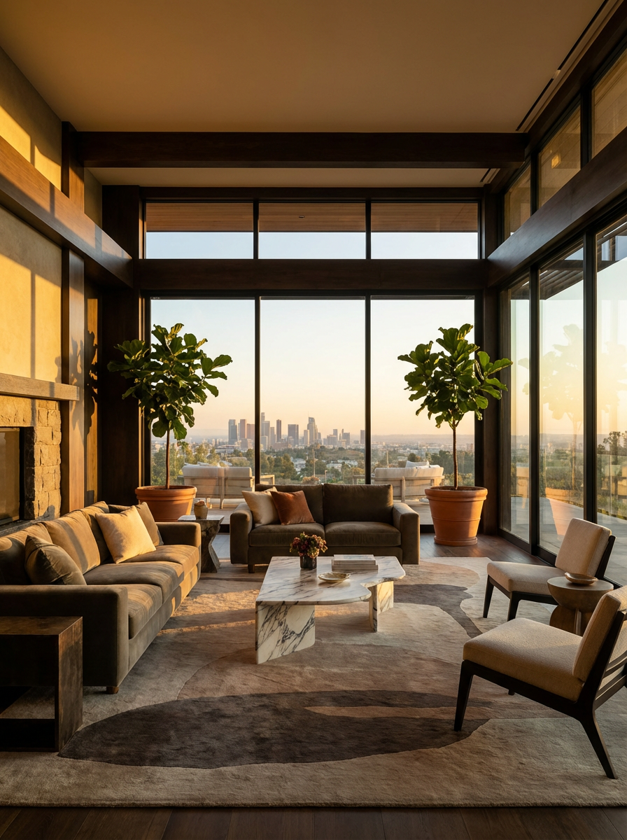 Modern living room with panoramic city view through large floor-to-ceiling windows