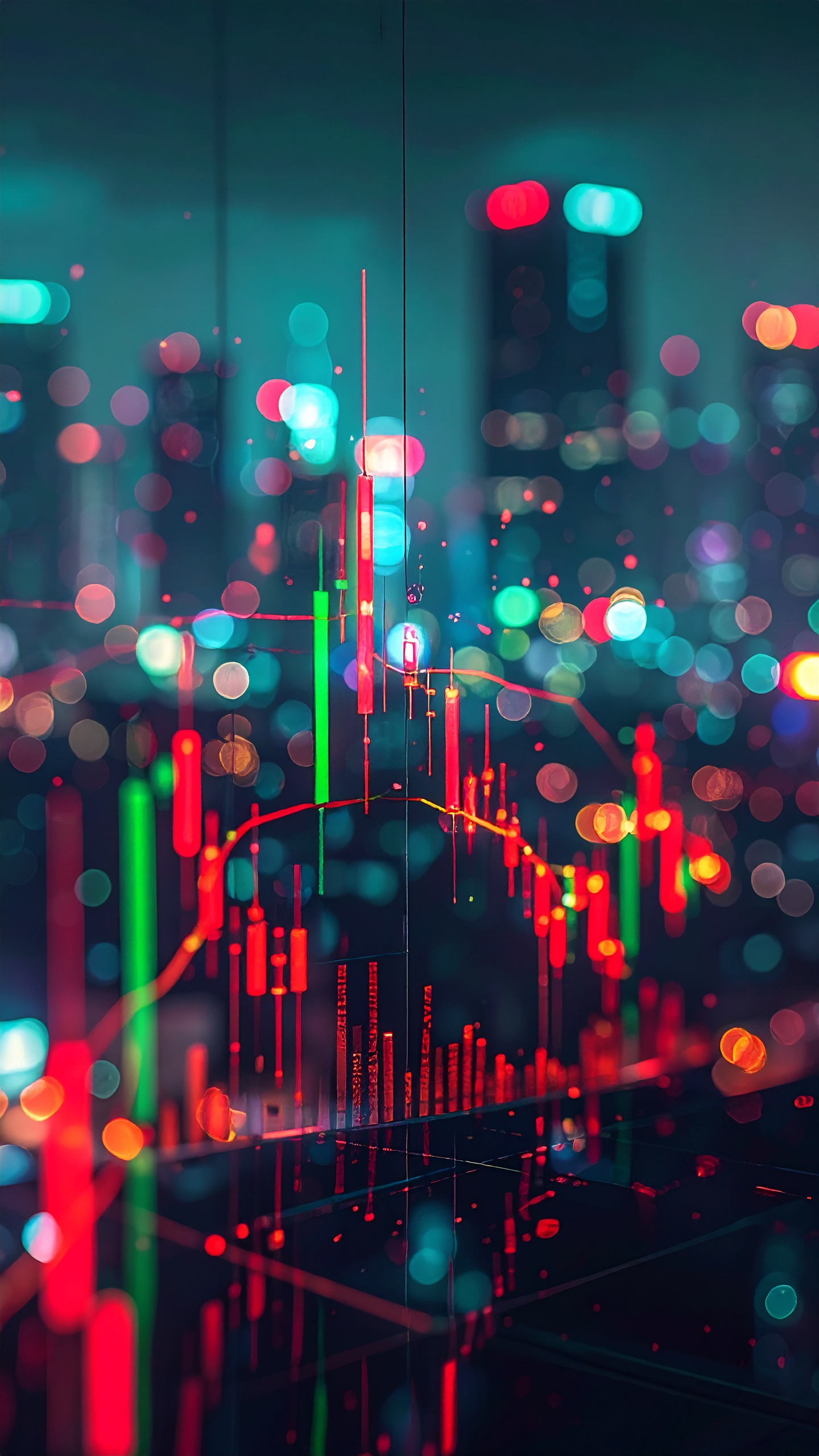 Gráficos de velas financeiras em primeiro plano, com um fundo urbano desfocado repleto de luzes coloridas. A composição utiliza uma iluminação vibrante em tons de azul, vermelho e verde, criando um efeito visual dinâmico e intenso. O foco está nas linhas e barras dos gráficos, destacando a volatilidade e o movimento do mercado financeiro, com uma profundidade de campo que sugere um ambiente urbano noturno.