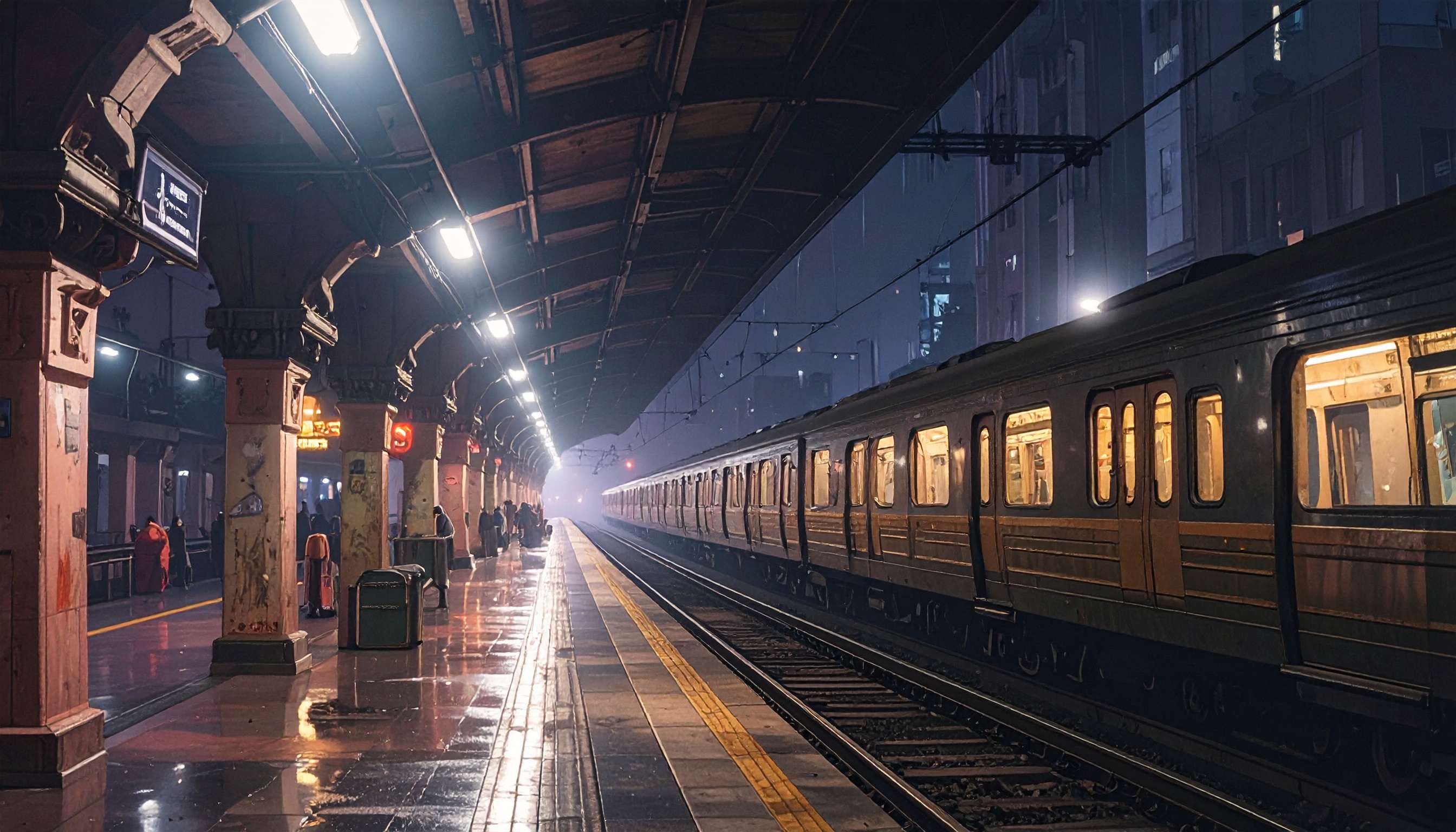 A dimly lit train station platform with a stationary train at night