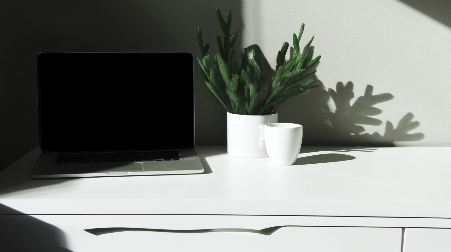 Espaço de trabalho minimalista com laptop fechado, planta em vaso branco e caneca, iluminados por luz natural suave criando sombras marcantes sobre a mesa branca.