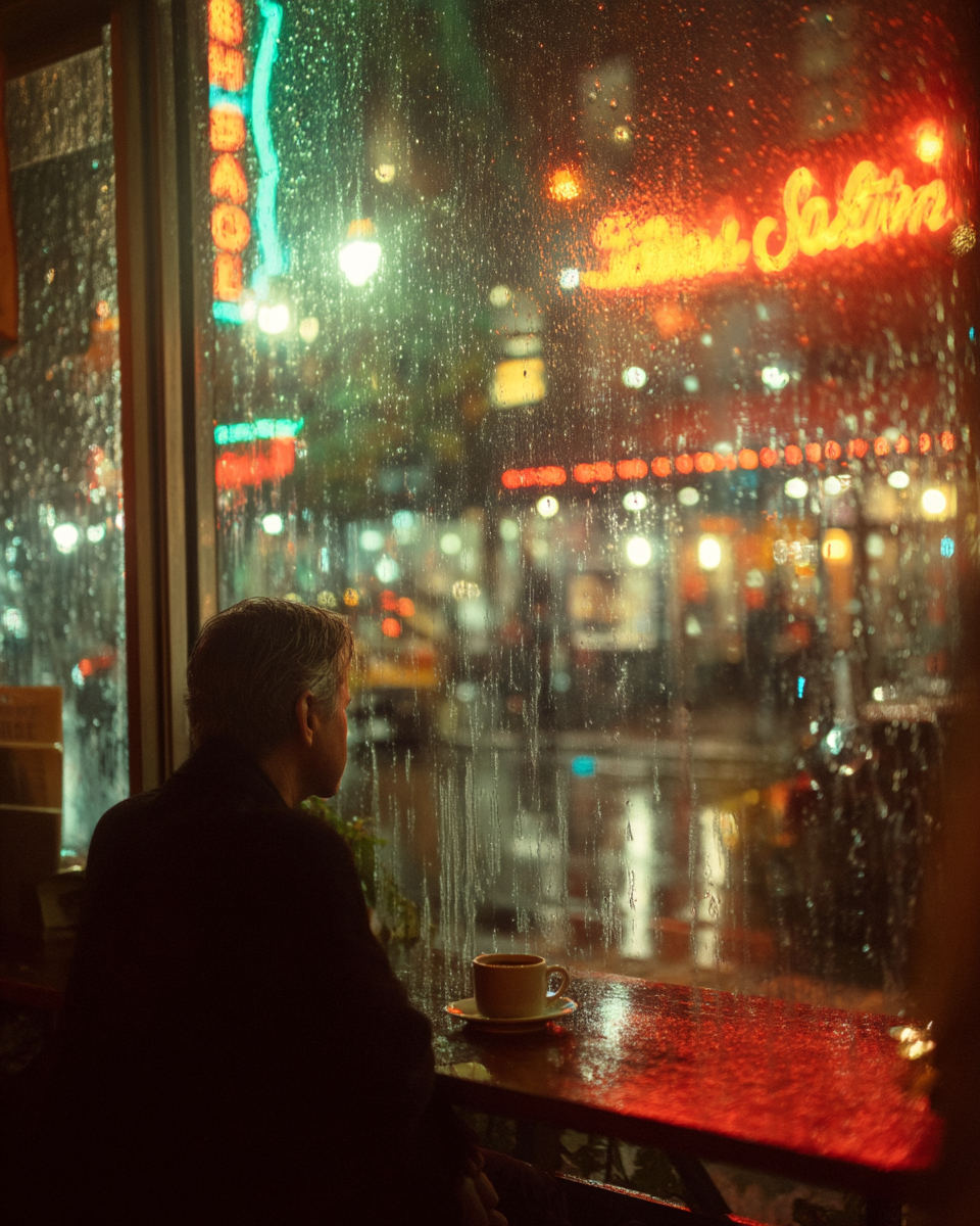 Um homem sentado em uma mesa de café, olhando pela janela em um dia chuvoso. A janela está coberta de gotas de água, enquanto luzes de néon coloridas brilham ao fundo, criando uma atmosfera nostálgica e aconchegante. Uma xícara de café está sobre a mesa, complementando a cena tranquila.
