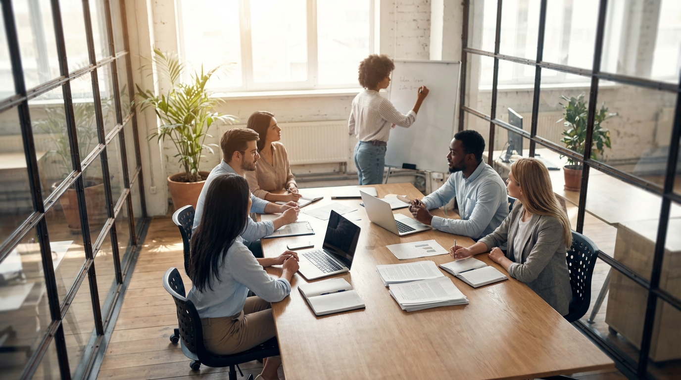 A diverse team collaborates in a modern office setting
