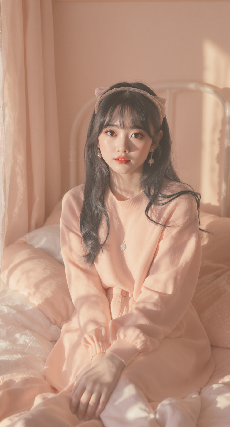A young woman sits on a bed in soft, pastel lighting, wearing a peach sweater dress